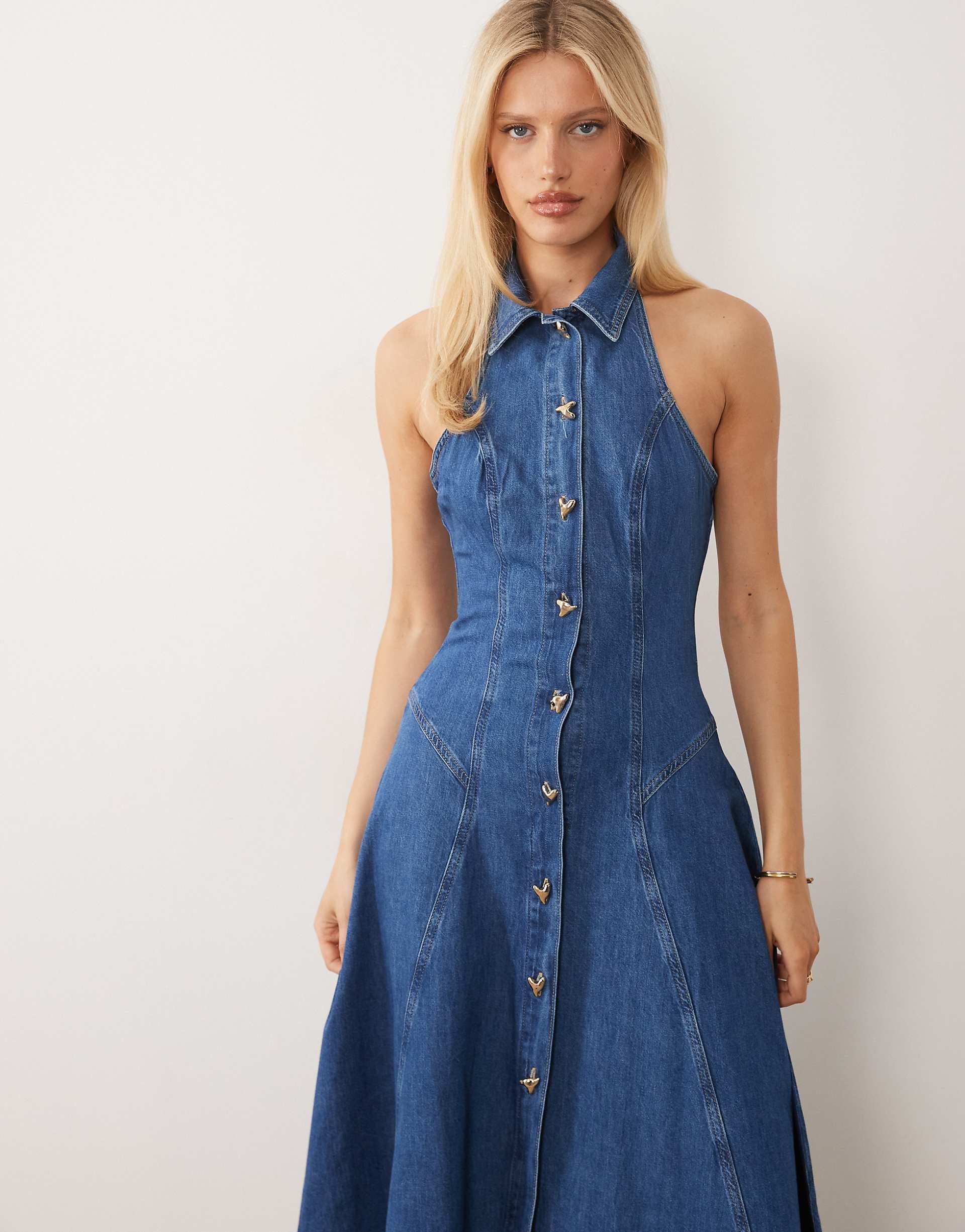 ASOS LUXE denim pleated midi dress with heart buttons in mid wash blue