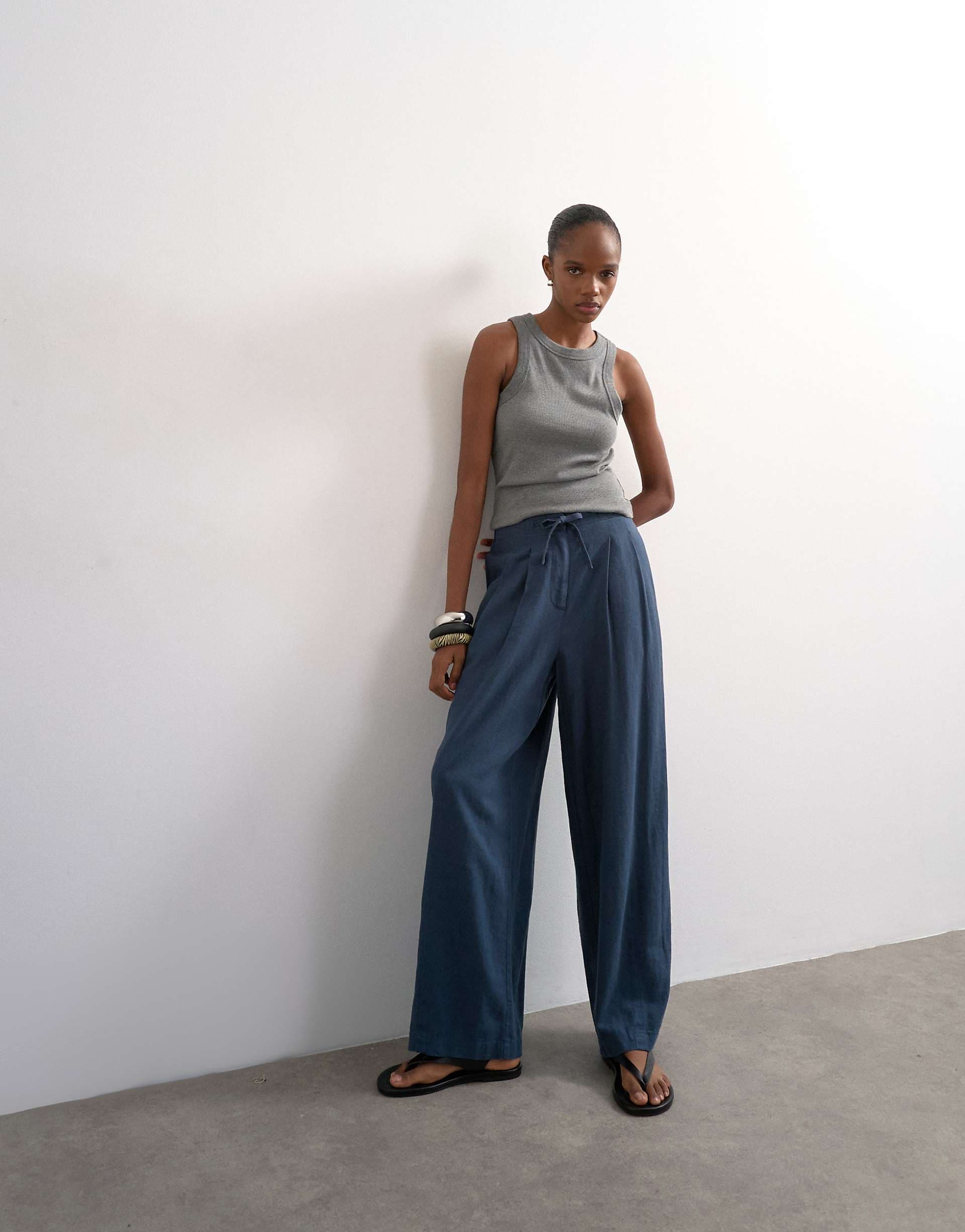 Topshop linen mix balloon pants with tie waist in slate