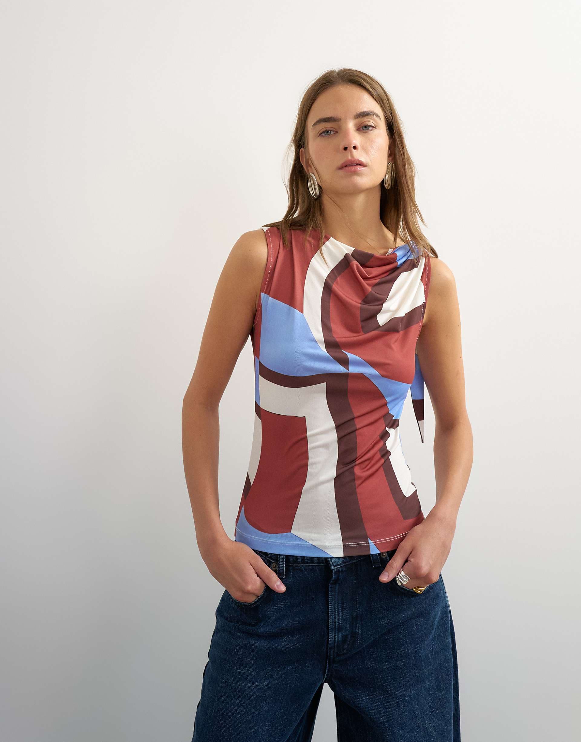 Topshop microfiber abstract knotted shoulder tank top in brown
