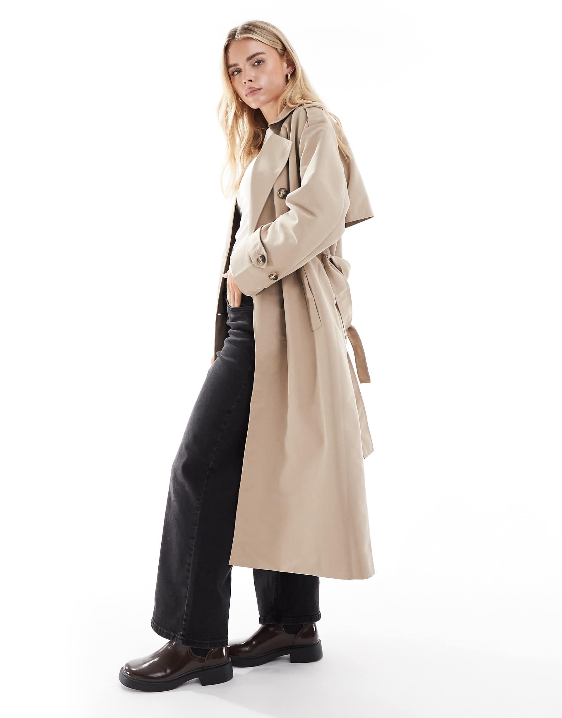 Vero Moda Petite longline belted trench coat in stone