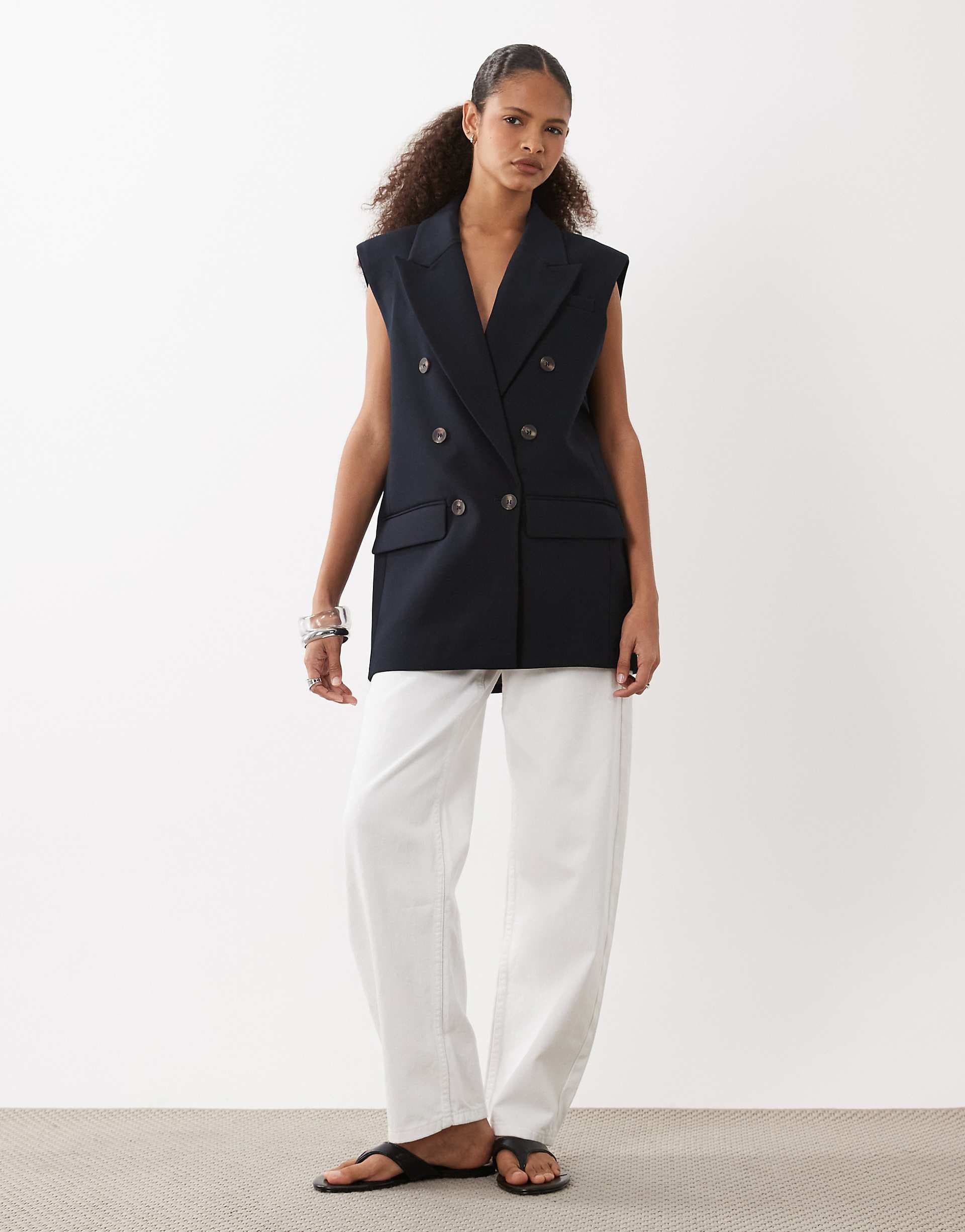 ASOS DESIGN tailored sleeveless double breasted power shoulder blazer in navy
