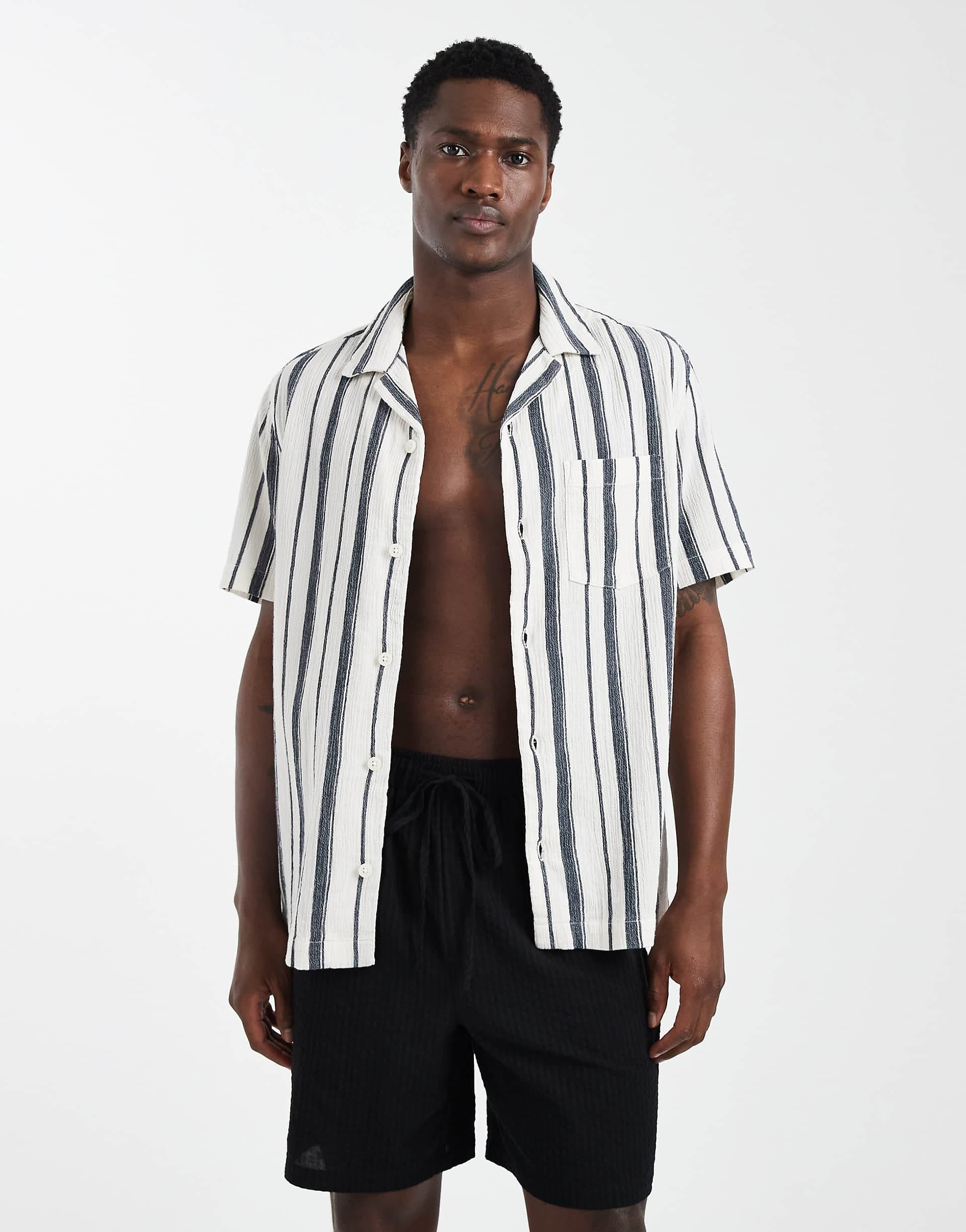 ASOS DESIGN regular fit revere stripe textured shirt in cream and blue