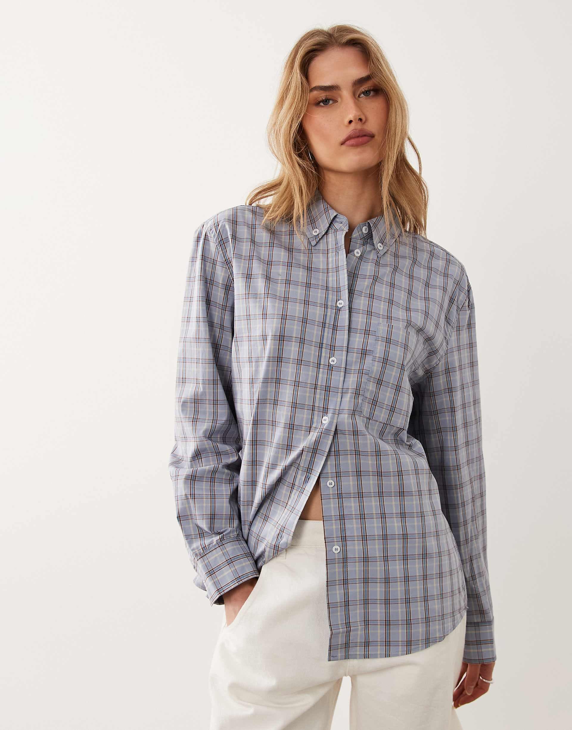 Mango 100% cotton long sleeve shirt in blue plaid