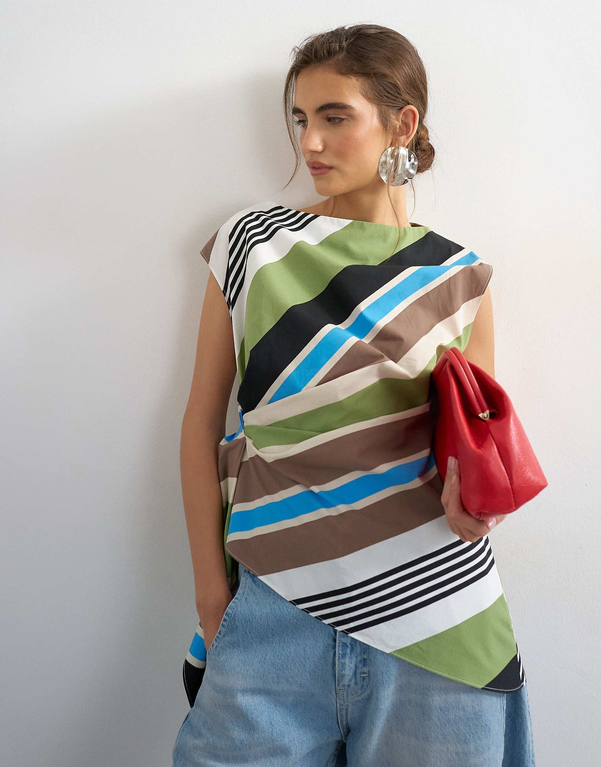 Topshop slash neck twist side top in green striped print