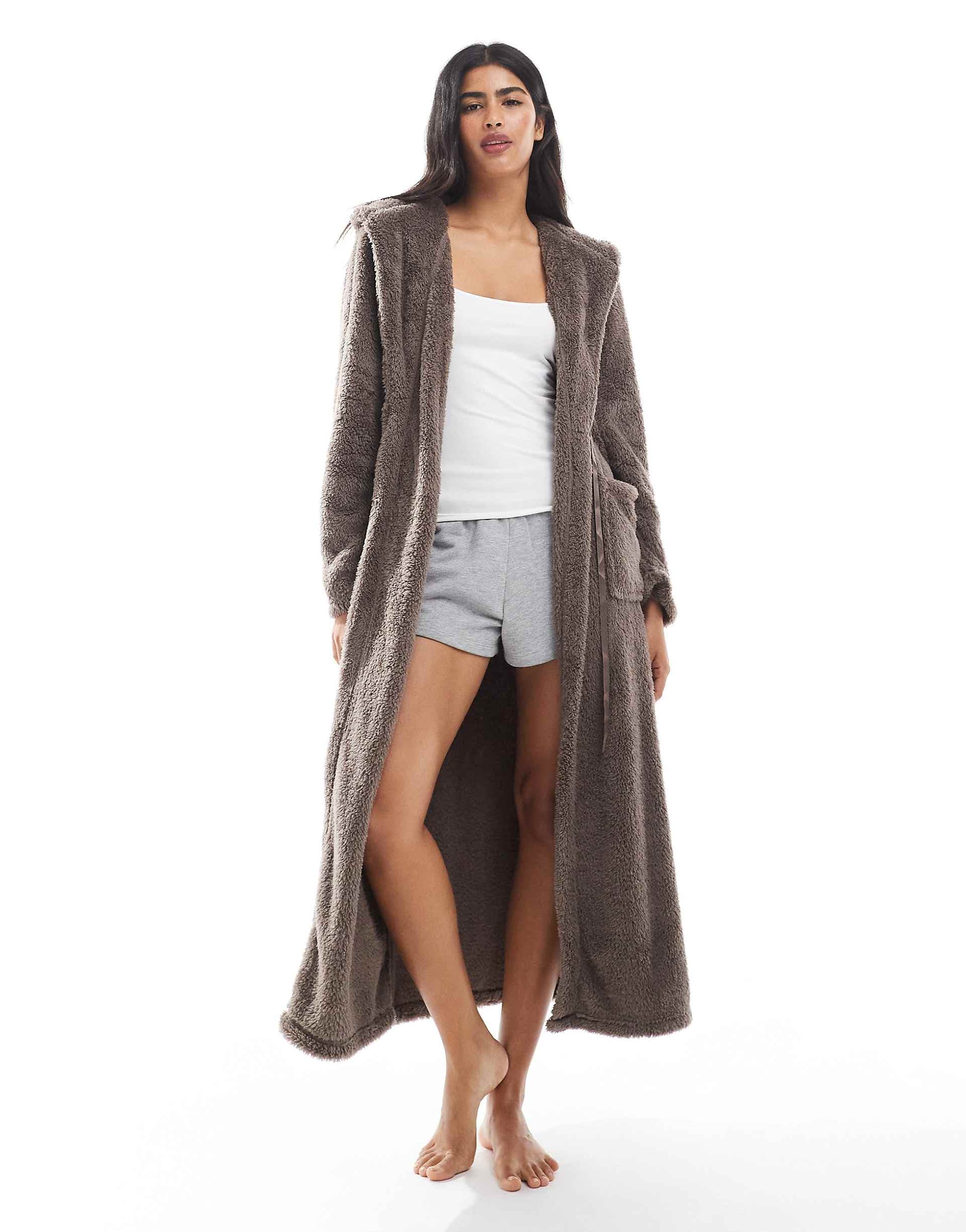 Loungeable cozy teddy hooded maxi length robe in mocha