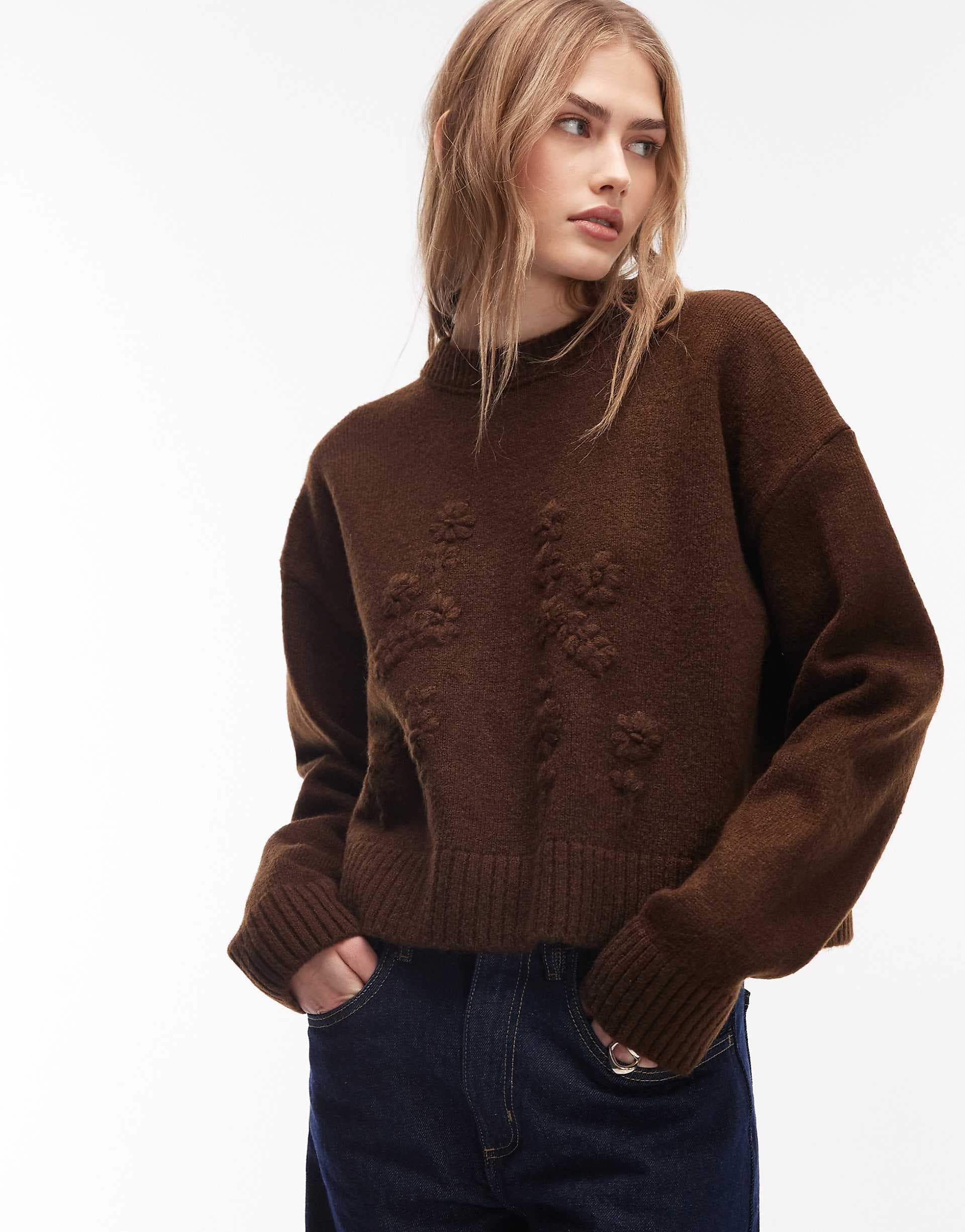 ASOS DESIGN fluffy knit hand embroidered sweater in brown
