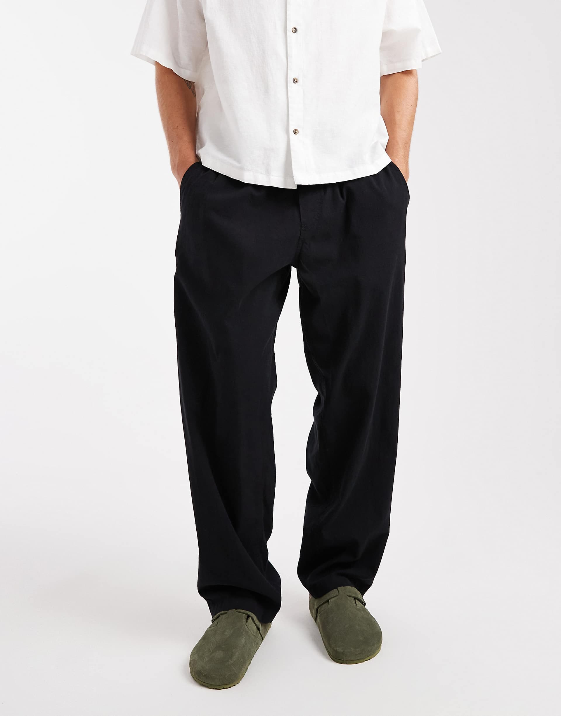 Jack & Jones loose fit linen mix pants in black