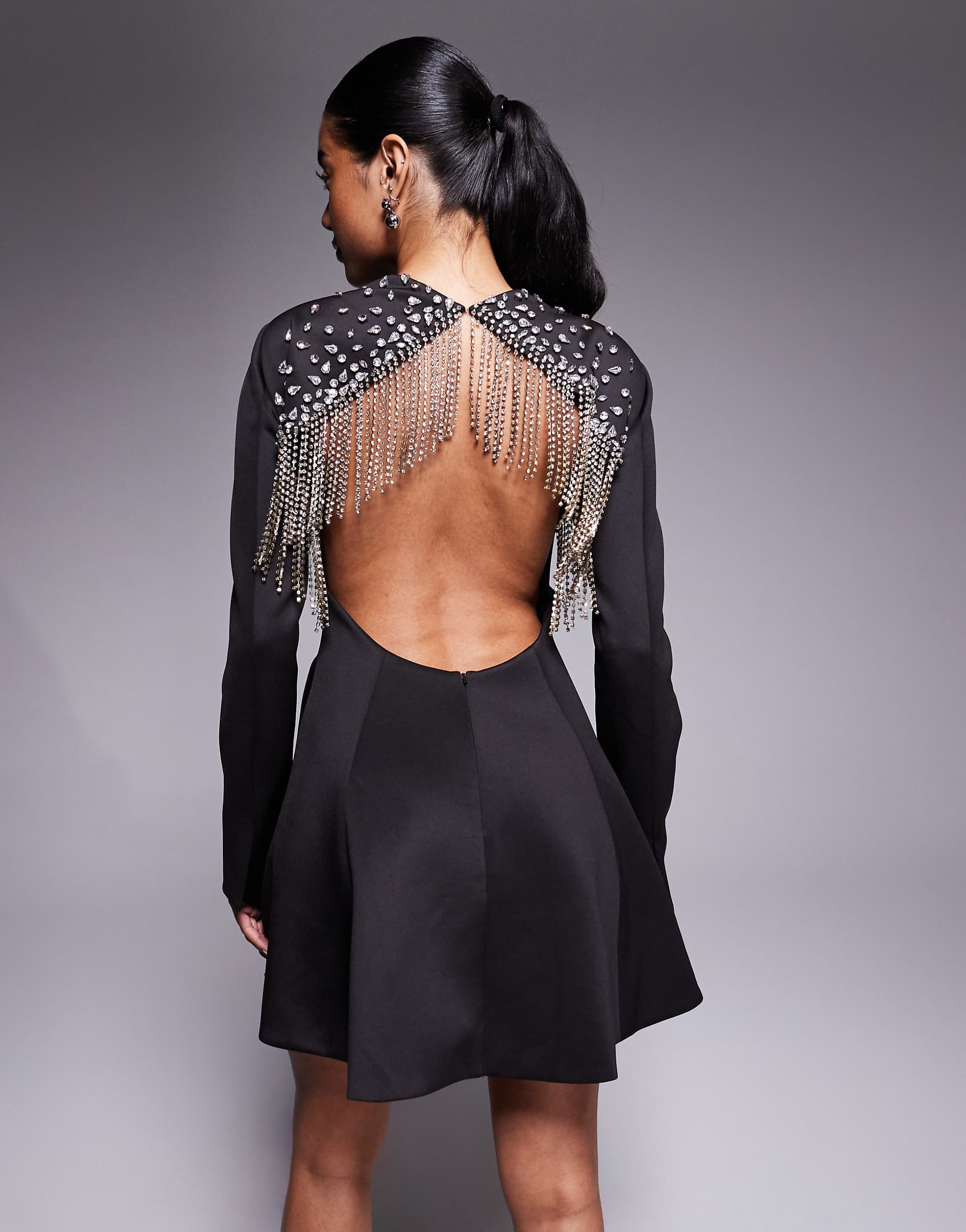ASOS DESIGN blazer mini dress with fringe embellished open back in black scuba-style fabric