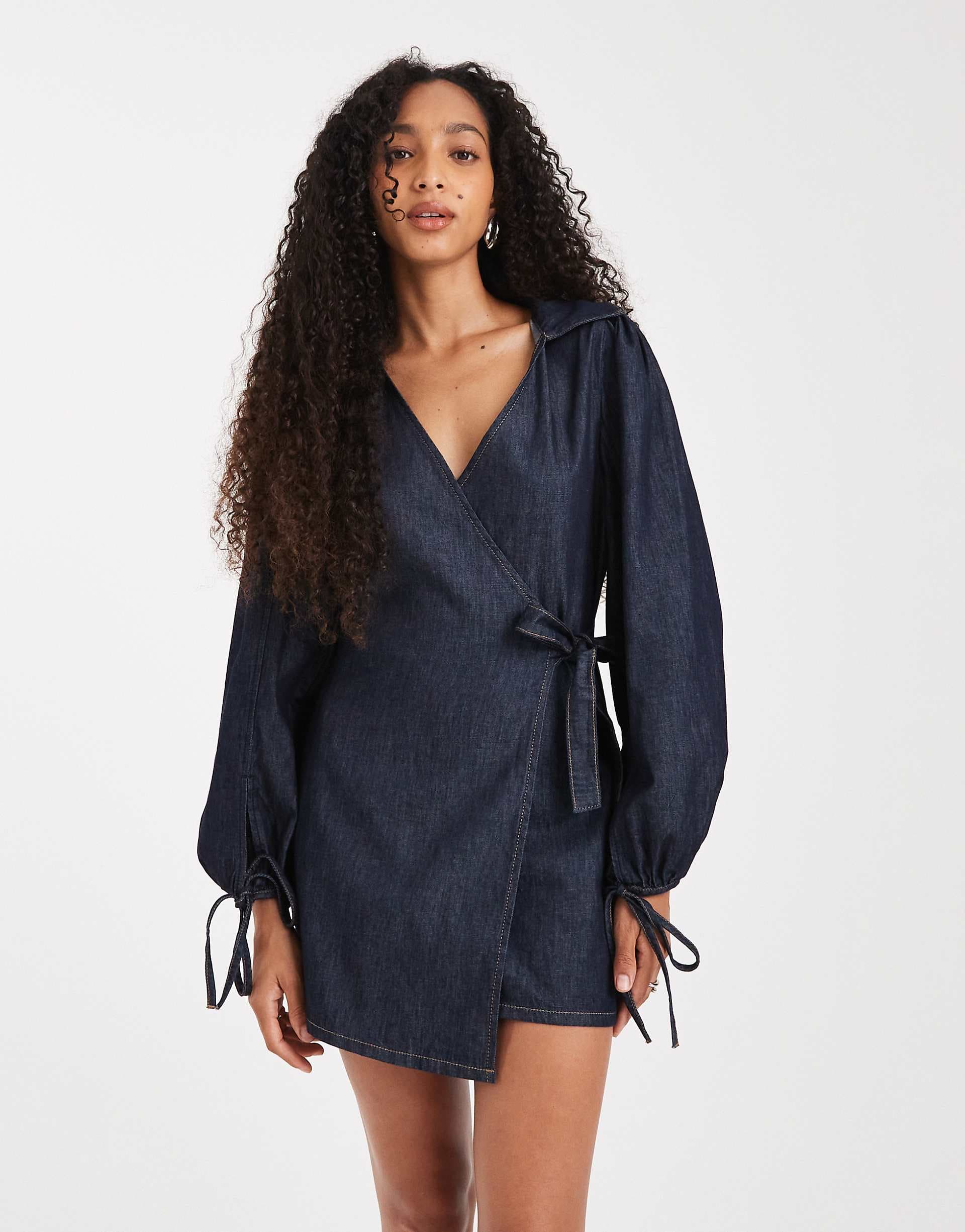 ASOS DESIGN denim wrap mini dress with balloon sleeves in rinse wash