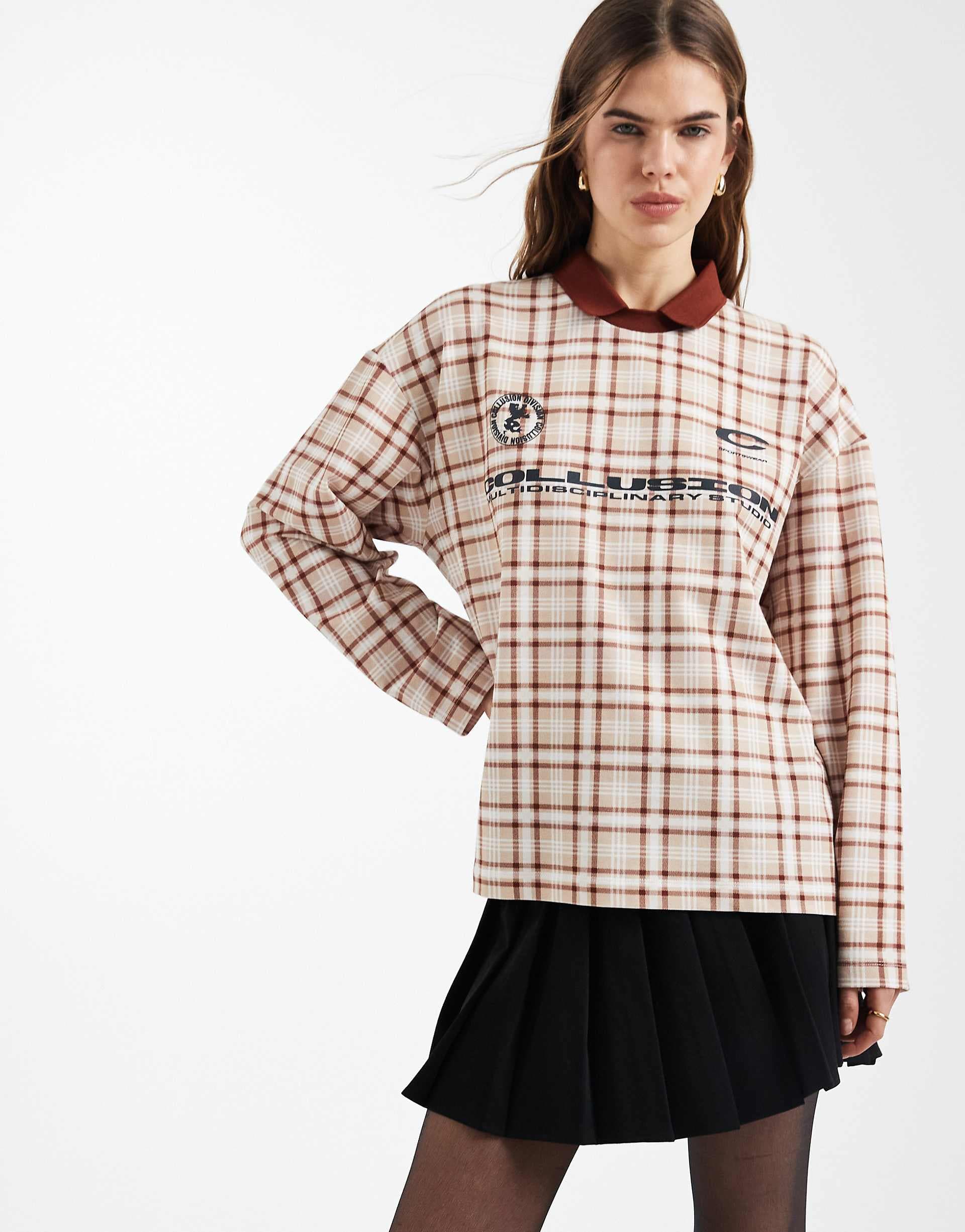 COLLUSION oversized polo sweatshirt in neutral plaid
