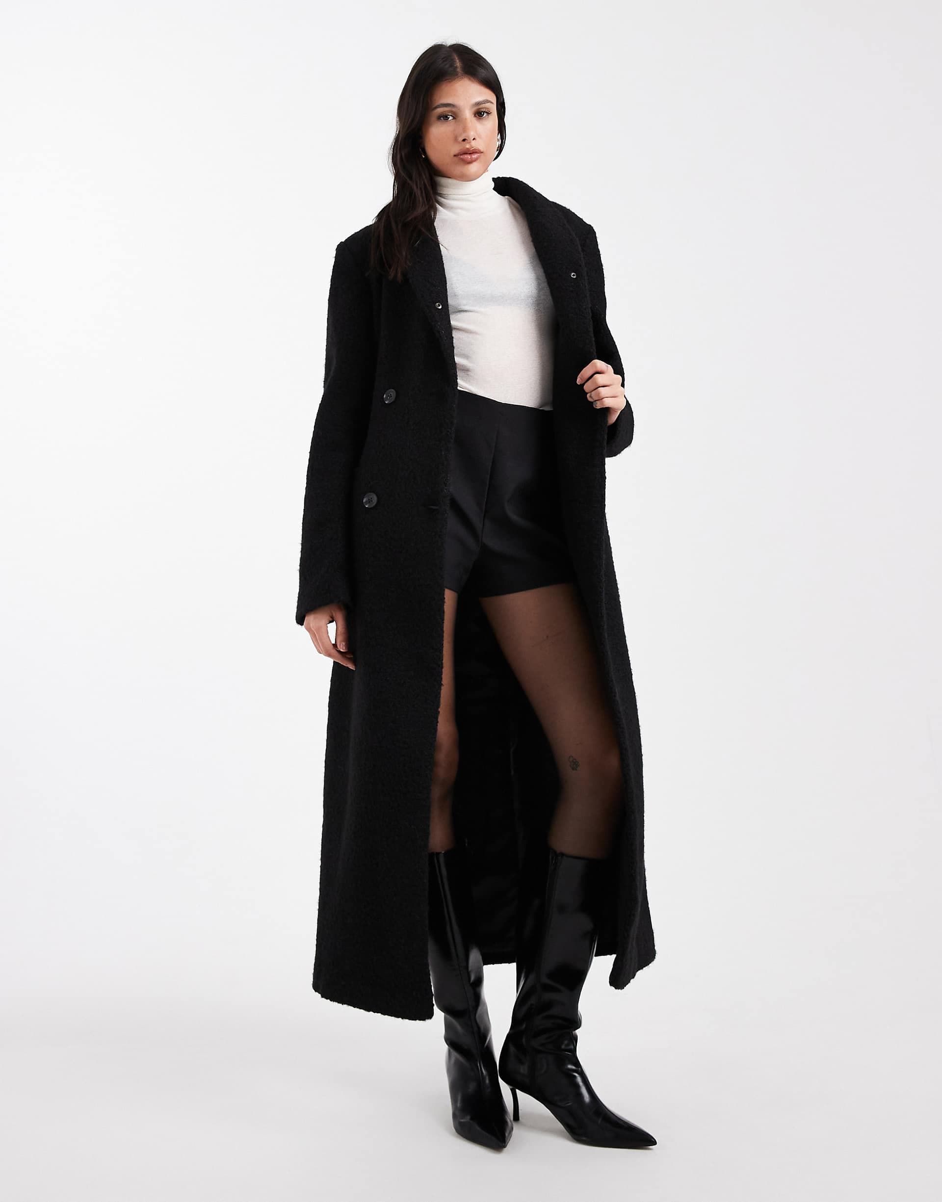 ASOS DESIGN Tall sculpted bouclé high neck formal coat in black