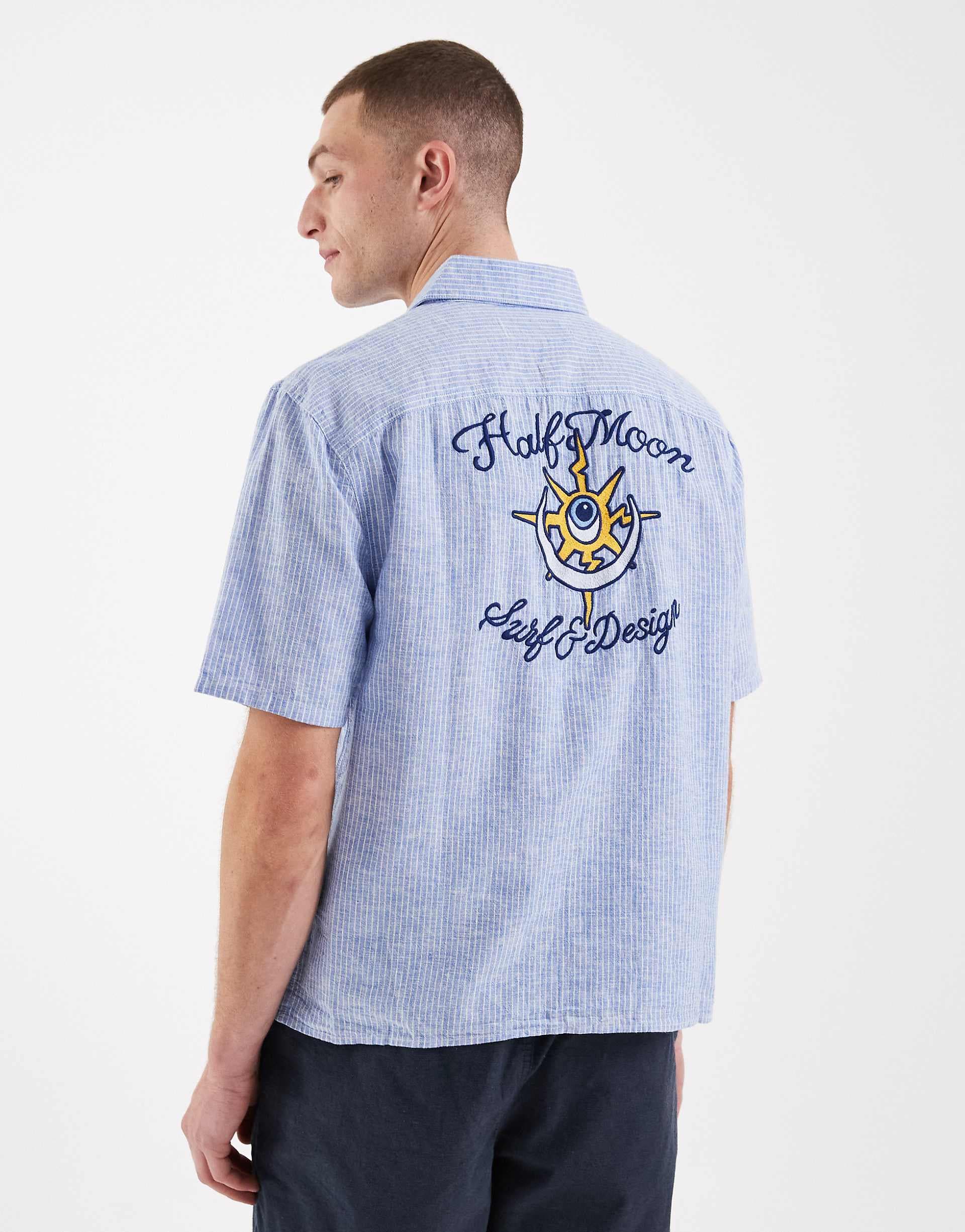 Hollister linen blend back graphic short sleeve shirt in blue