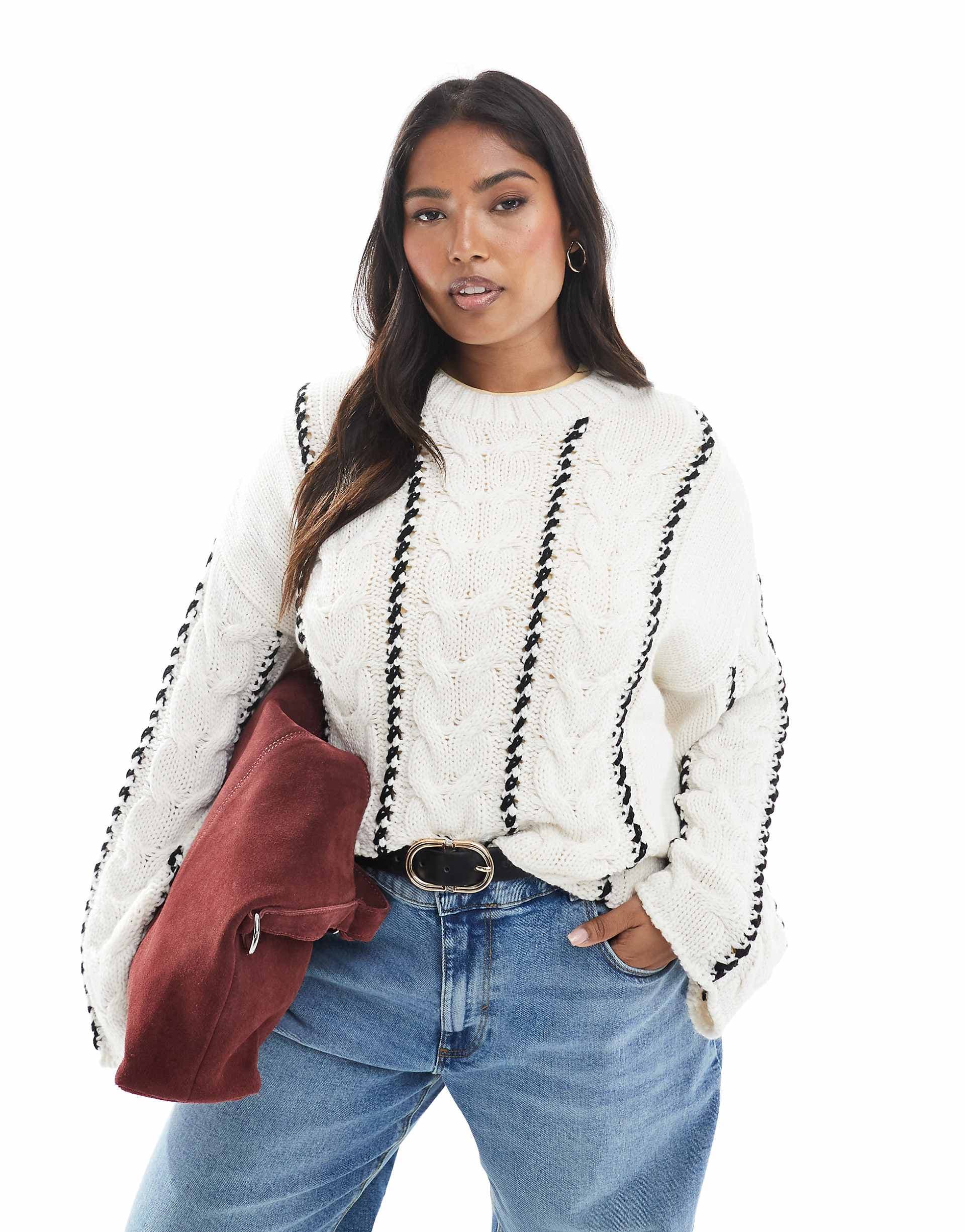 ONLY Curve contrast stitch sweater in white
