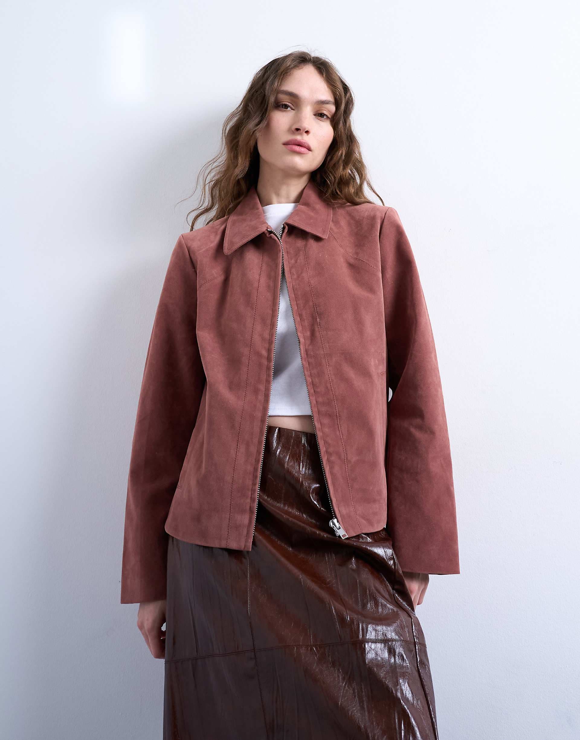 Topshop faux suede shacket in pink