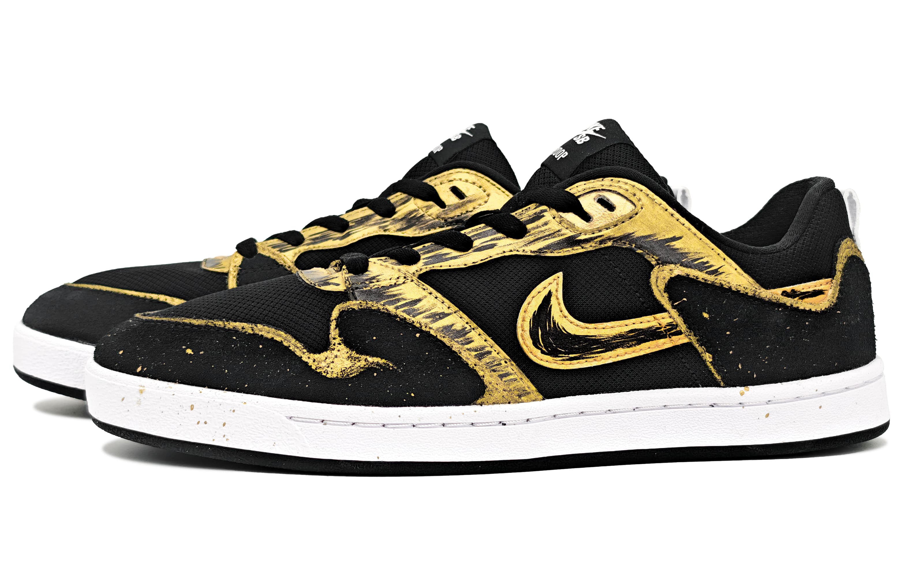 Custom Sneakers Nike SB Alleyoop Gold Splatter Low-Top Skate Shoes Unisex Black Gold