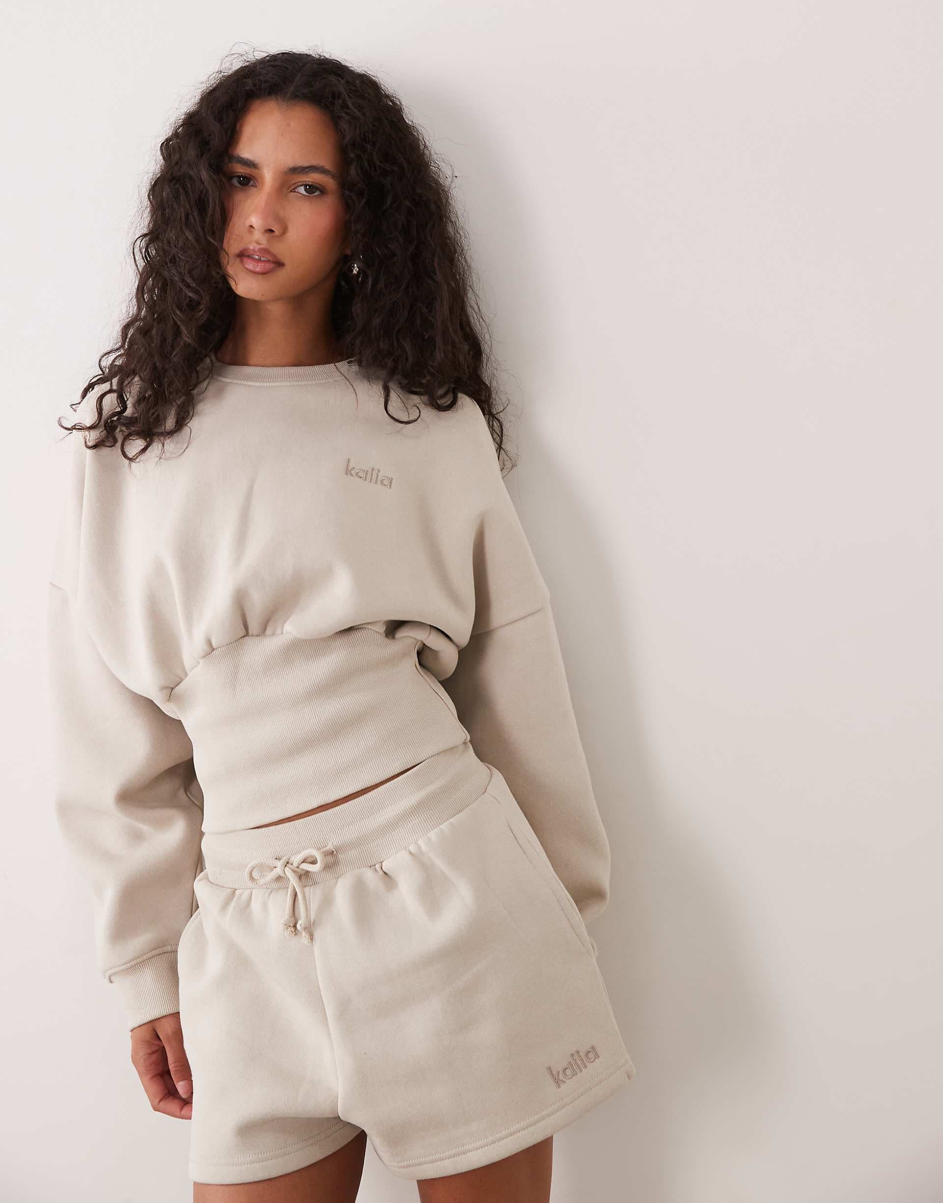 Kaiia cotton rich extreme oversized sleeve cinched waist sweatshirt in beige - part of a set