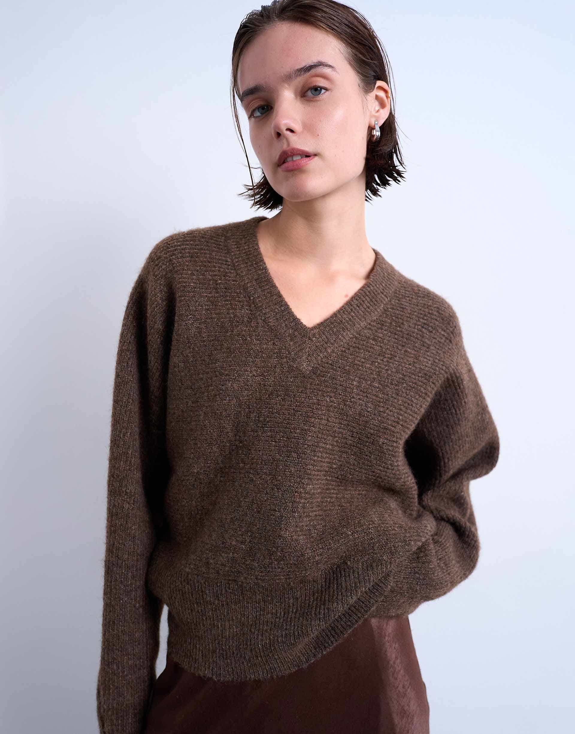 Topshop knit high-V horizontal stitch sweater in brown