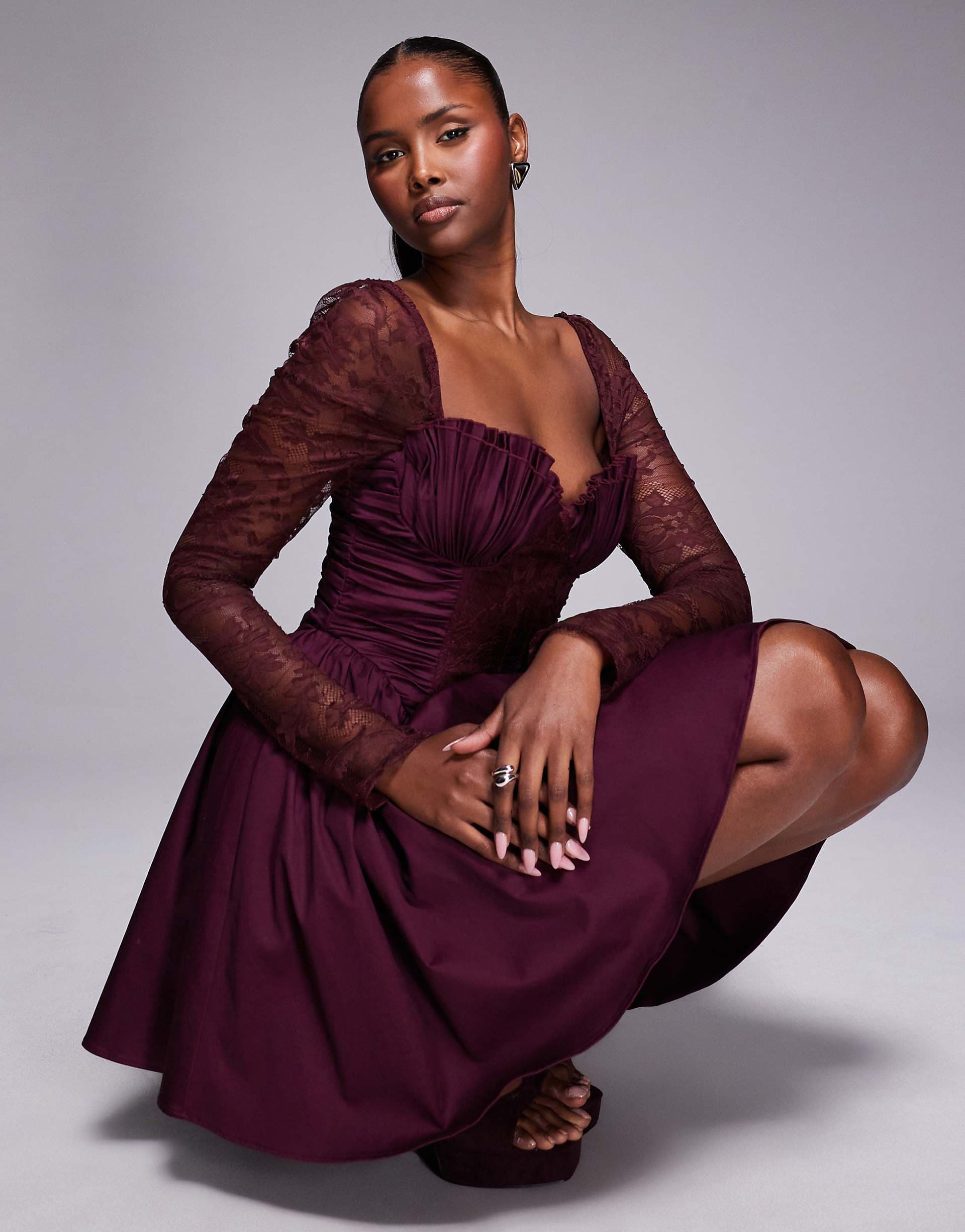 ASOS DESIGN structured ruffle hem mini dress with gathered sheer lace sleeves in mulberry