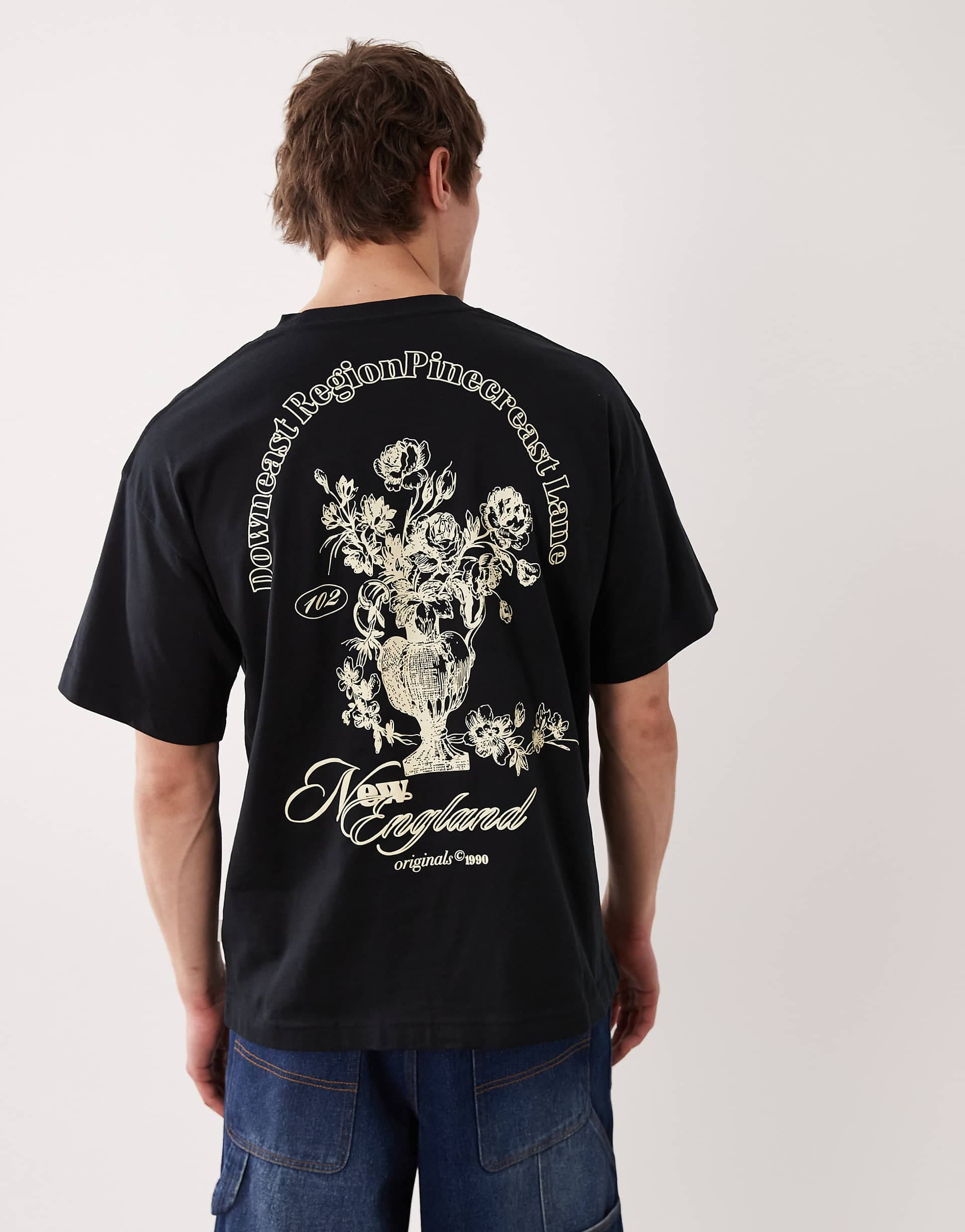 Jack & Jones oversized t-shirt with flower back and front prints in black