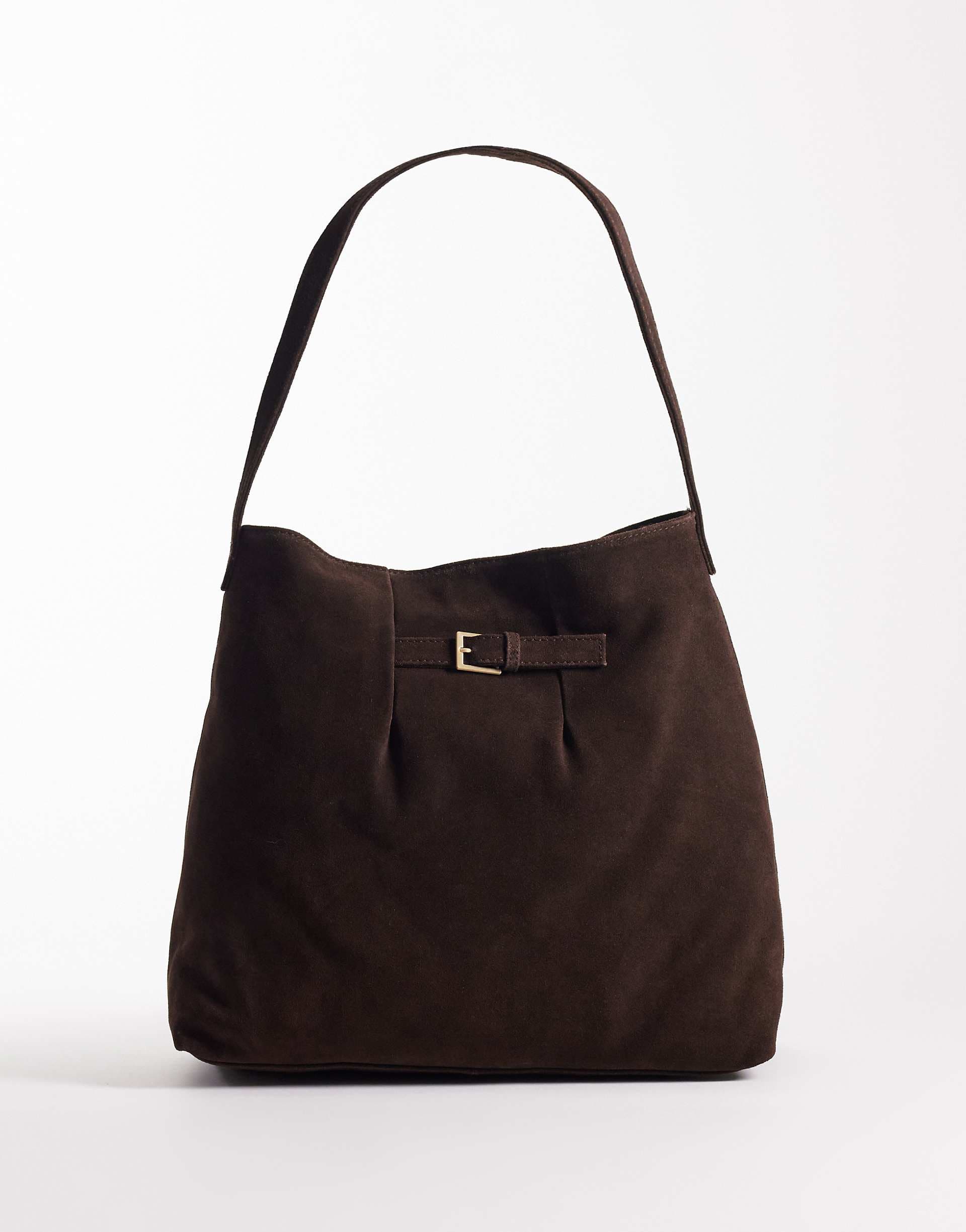 ASOS DESIGN suede buckle detail tote bag in chocolate