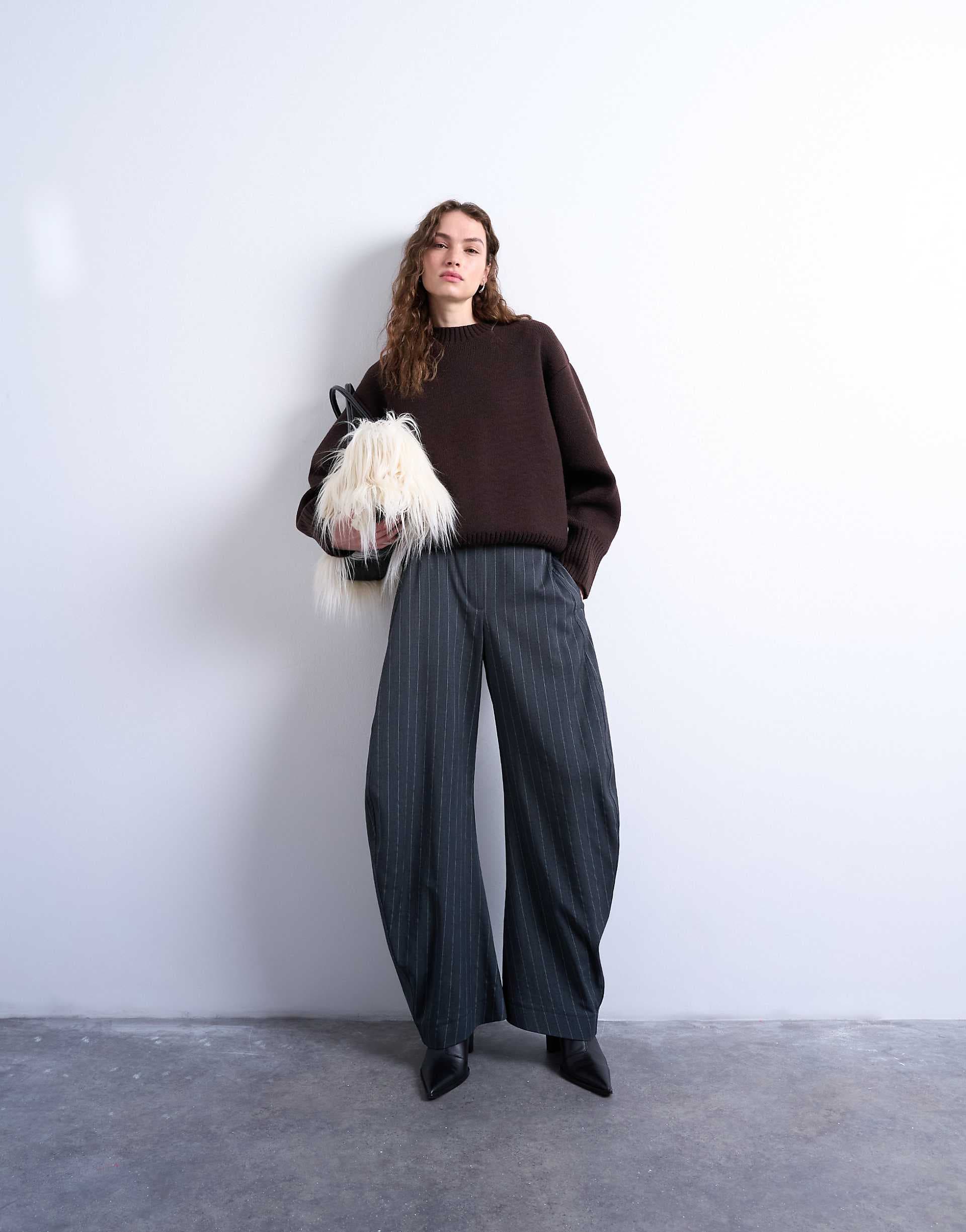 Topshop tailored stripe barrel leg pants in gray