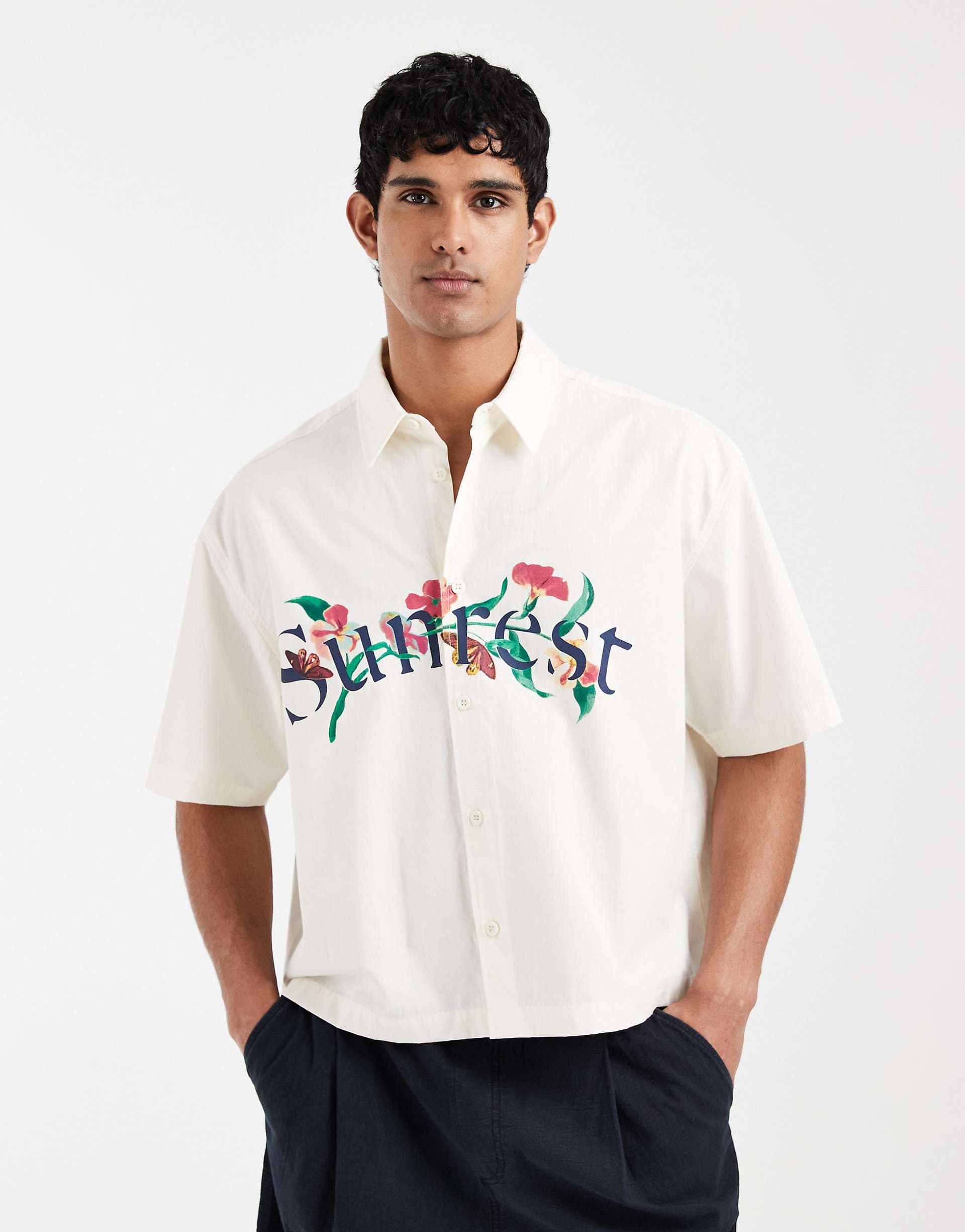 ASOS DESIGN boxy oversized shirt with chest print in beige