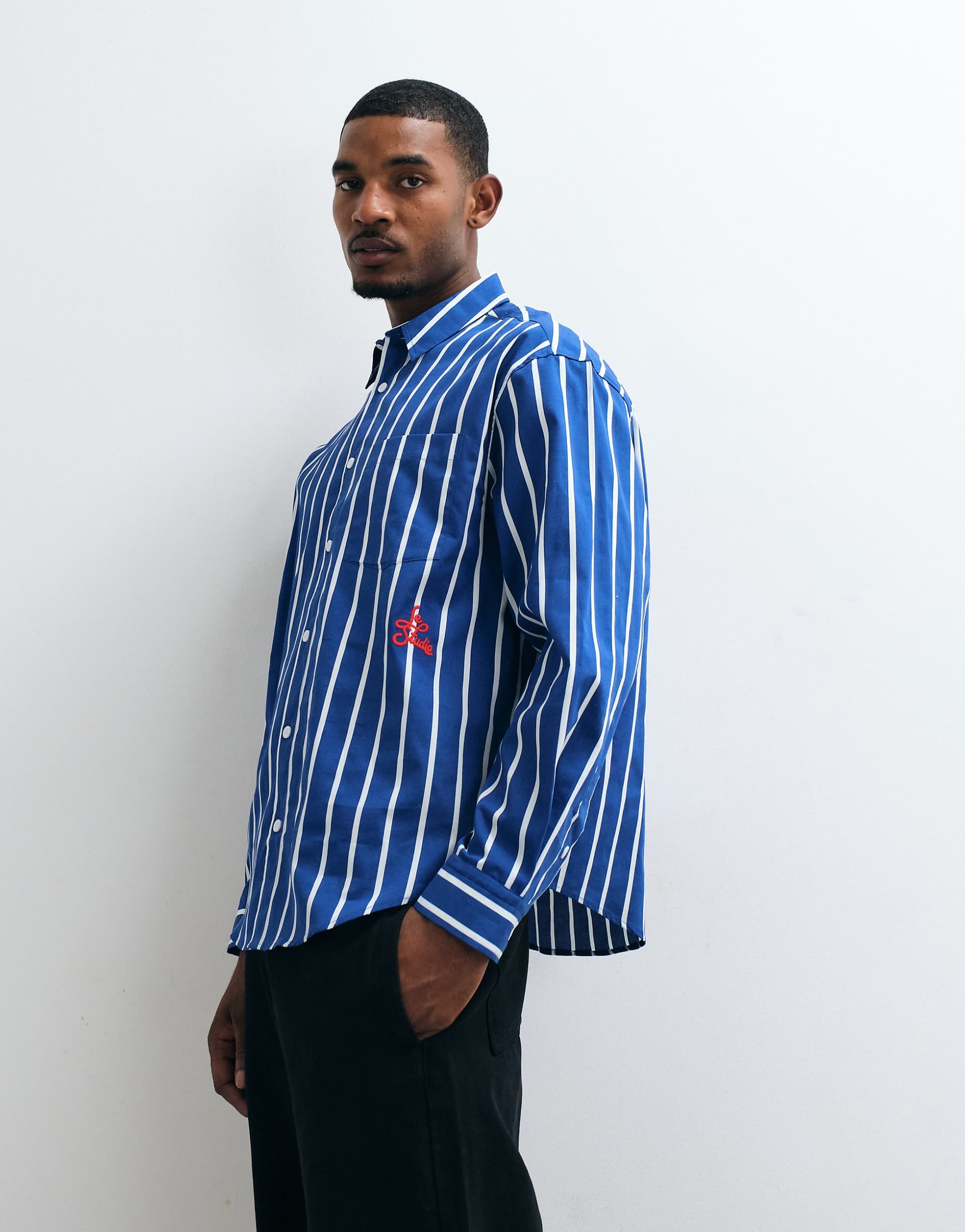 ASOS DESIGN oversized striped shirt with placement embroidery in blue