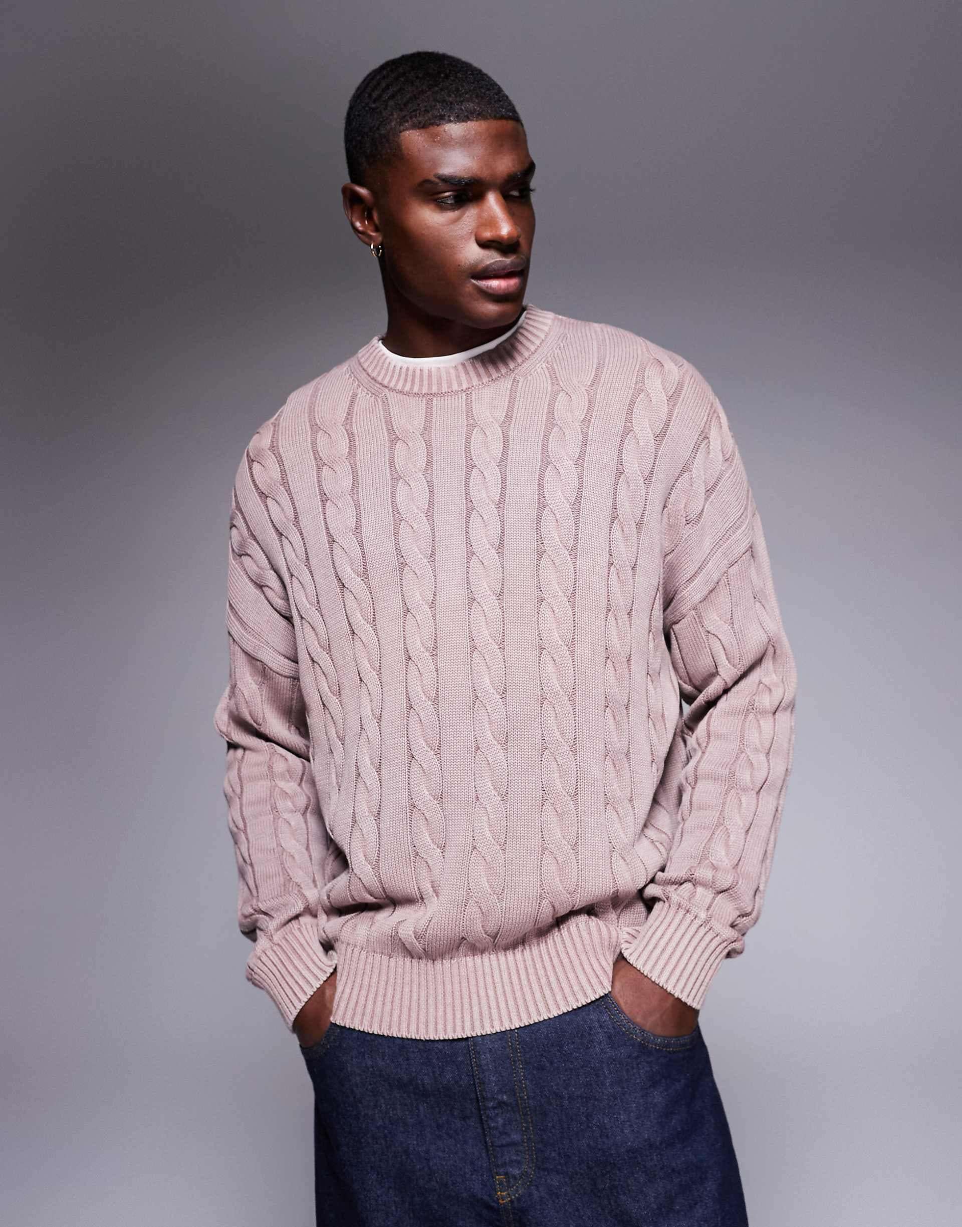 ASOS DESIGN oversized fit cable knit sweater in washed pink