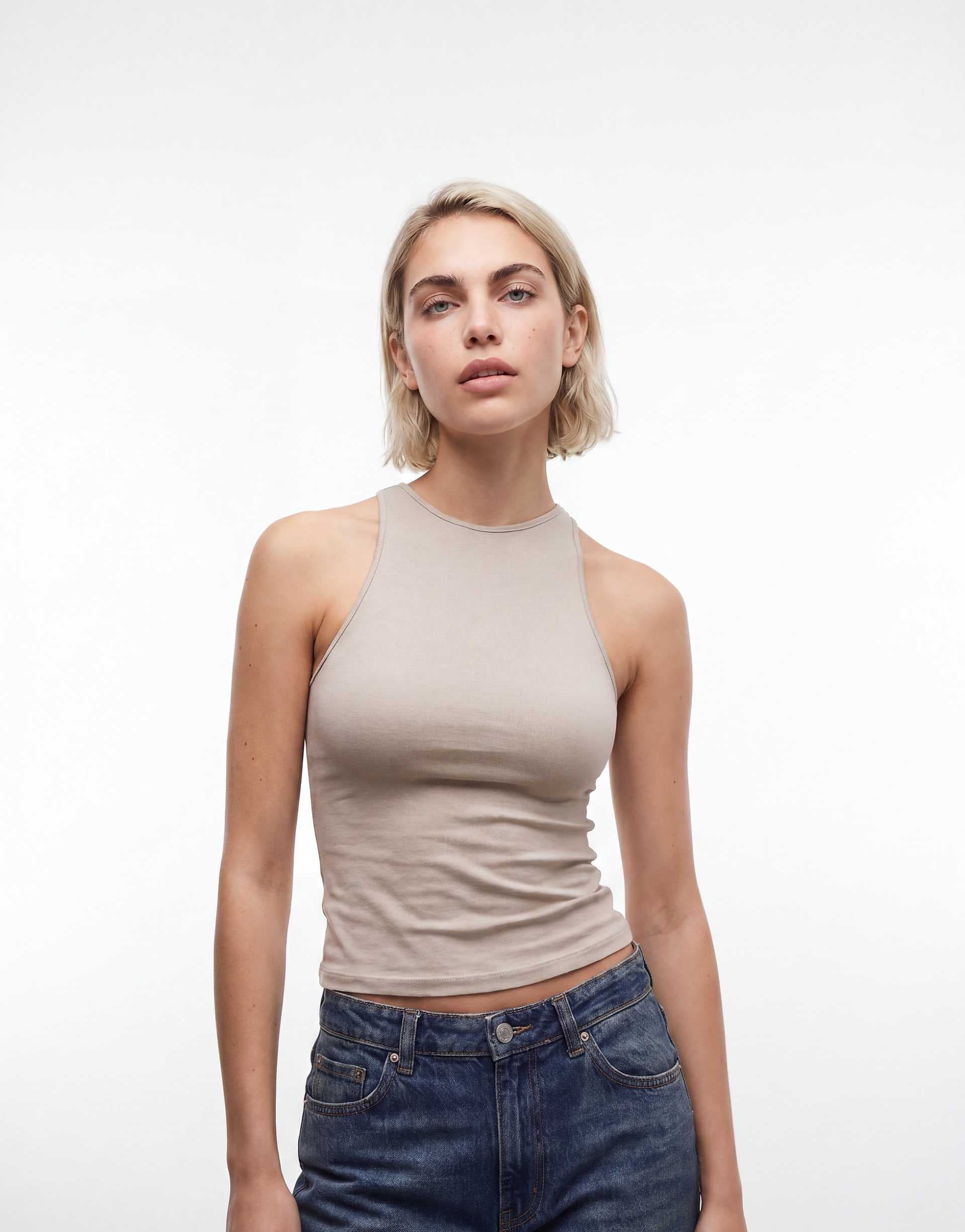Weekday high neck tank top in beige