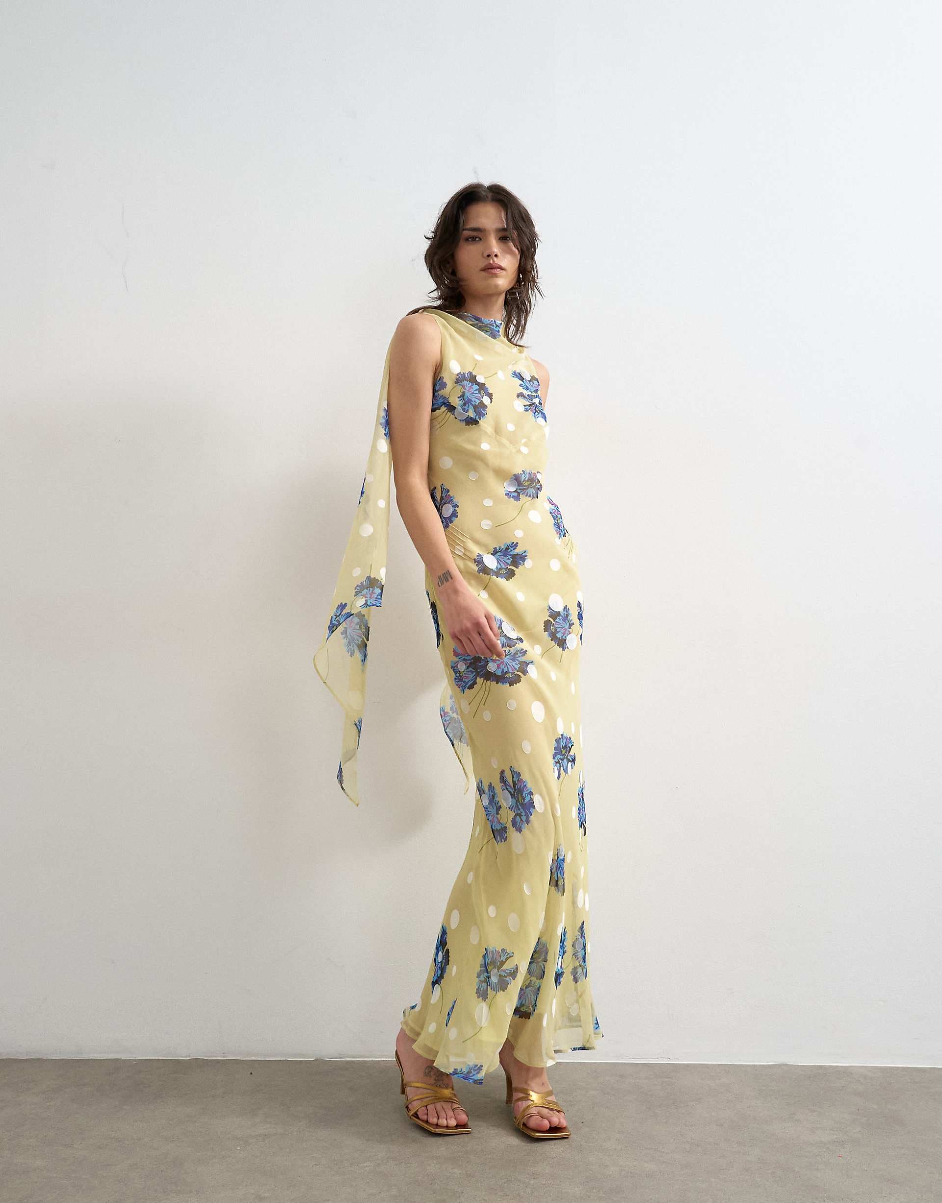 Topshop jacquard spot maxi occasion dress with open back in lemon and blue floral print