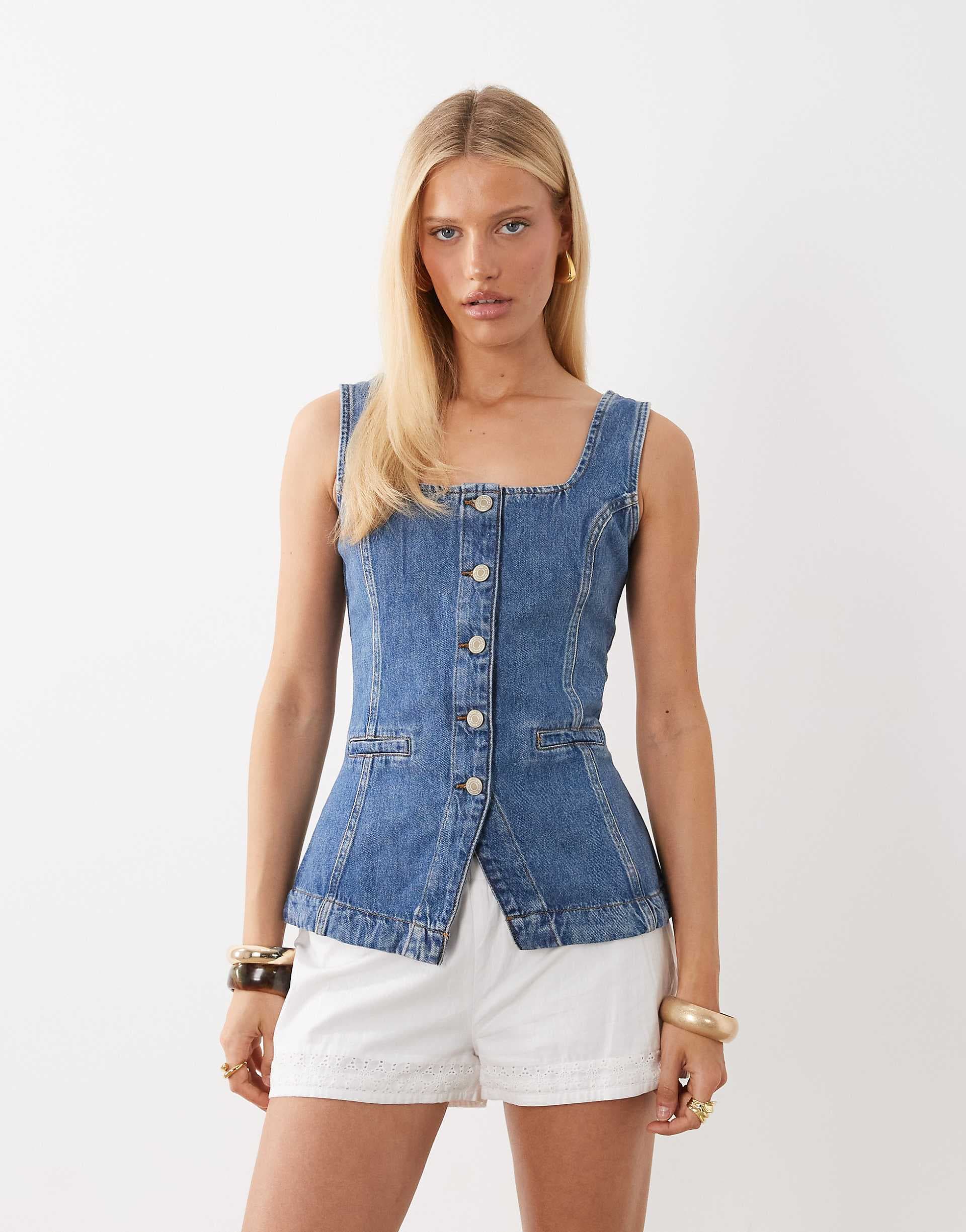 Nobody's Child Ezra denin square neck vest in mid wash blue