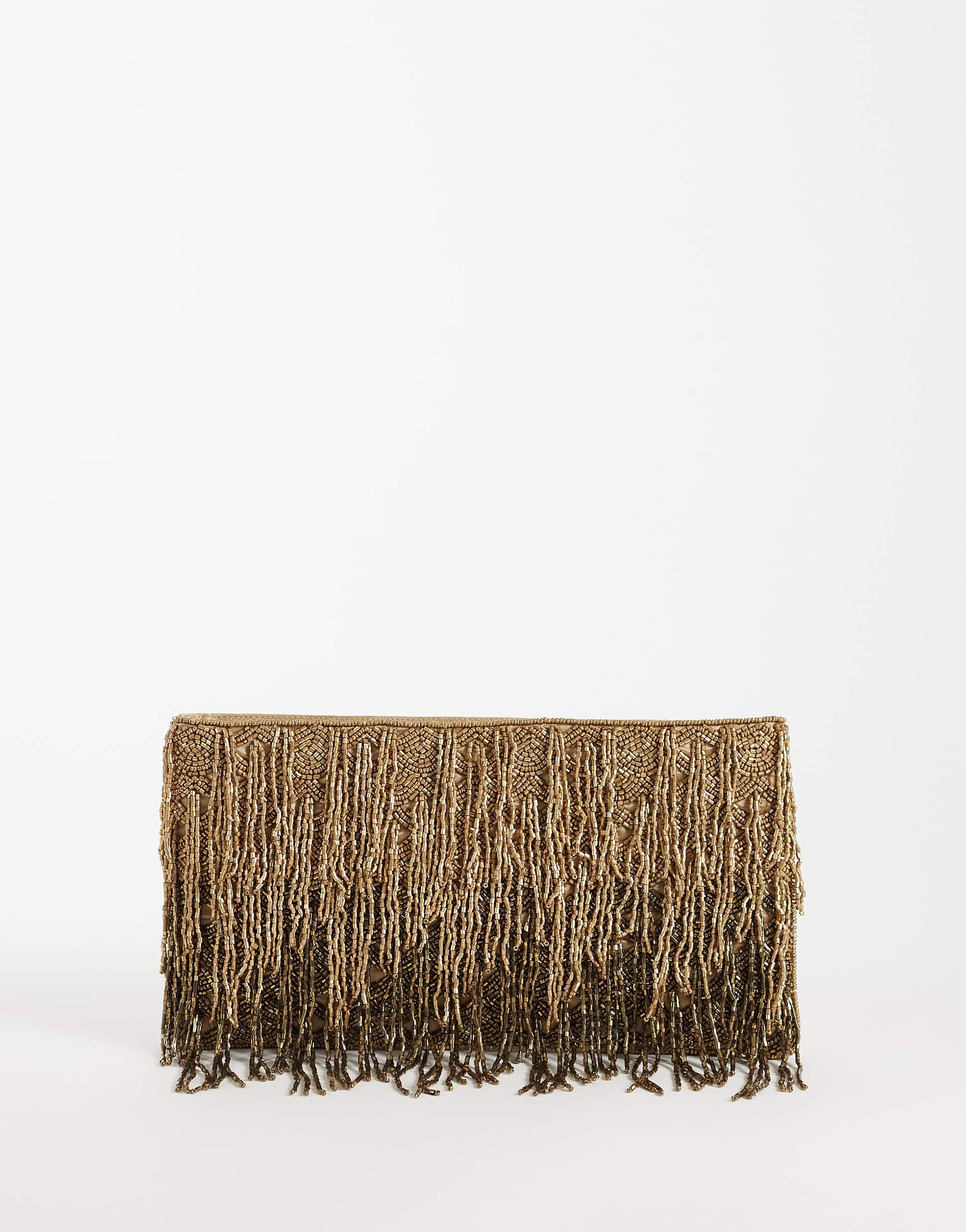 ASOS DESIGN embellished beaded fringe zip top clutch in gold