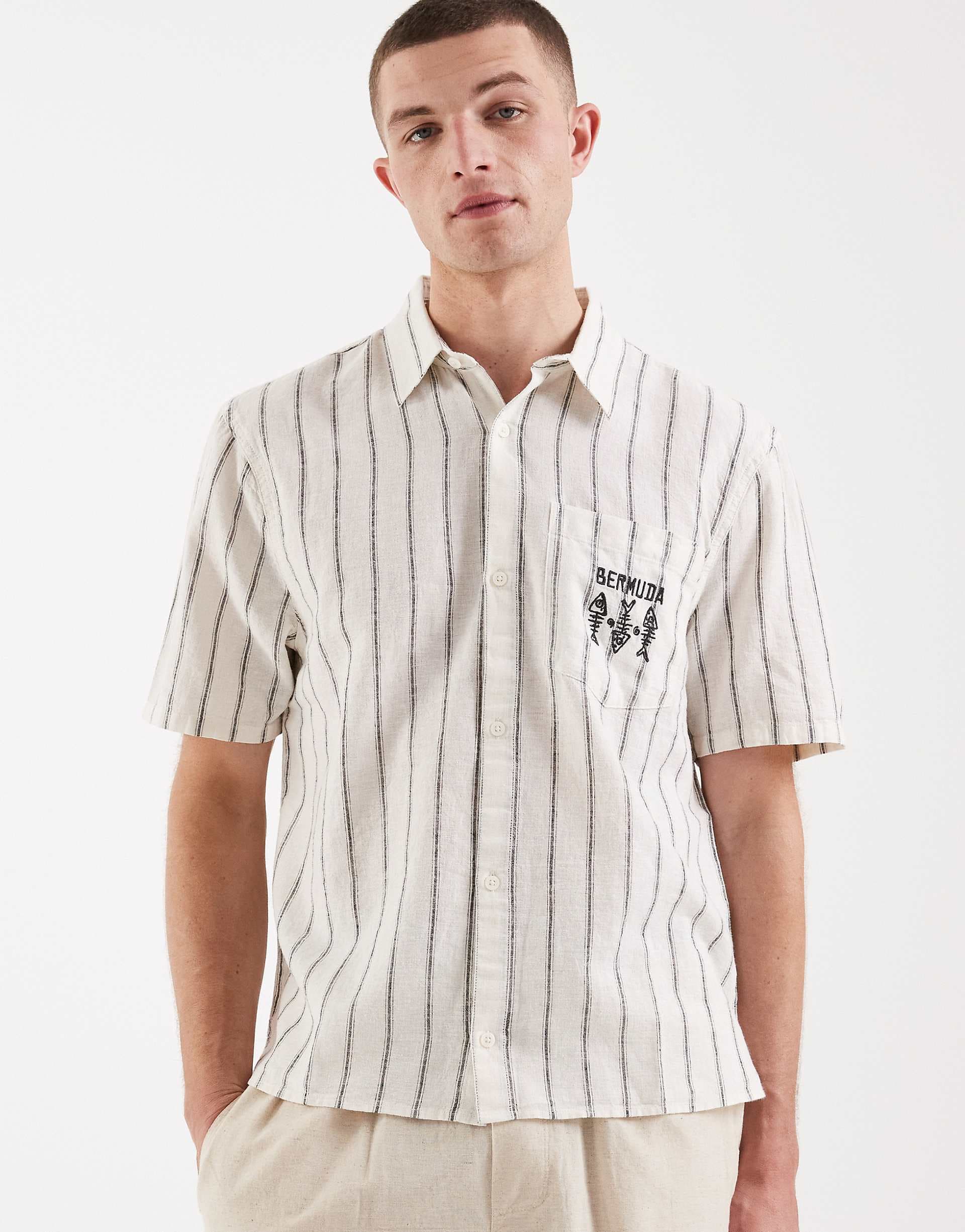 Hollister linen blend short sleeve shirt with chest graphic in white stripes