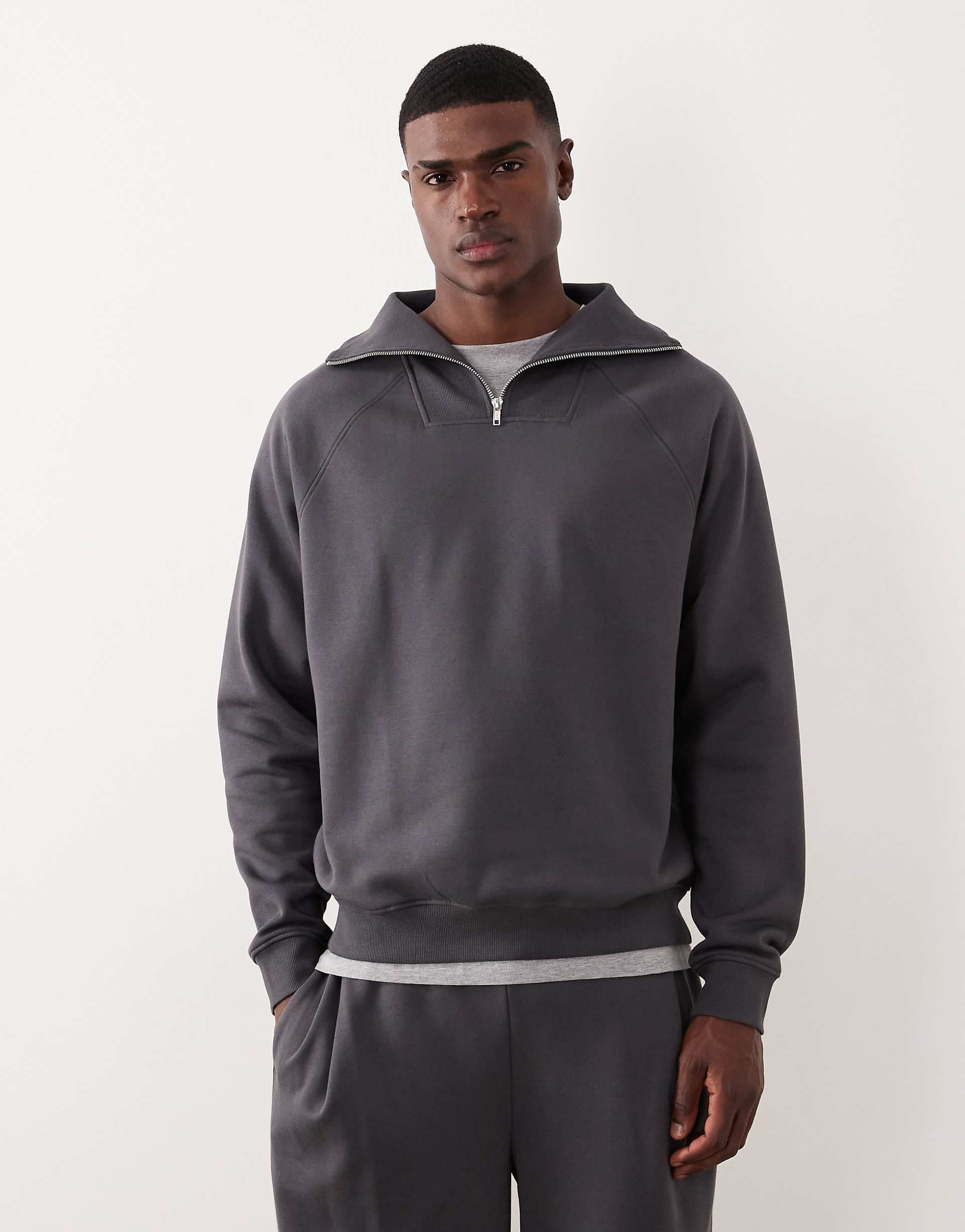 ASOS DESIGN relaxed quarter zip sweatshirt in charcoal