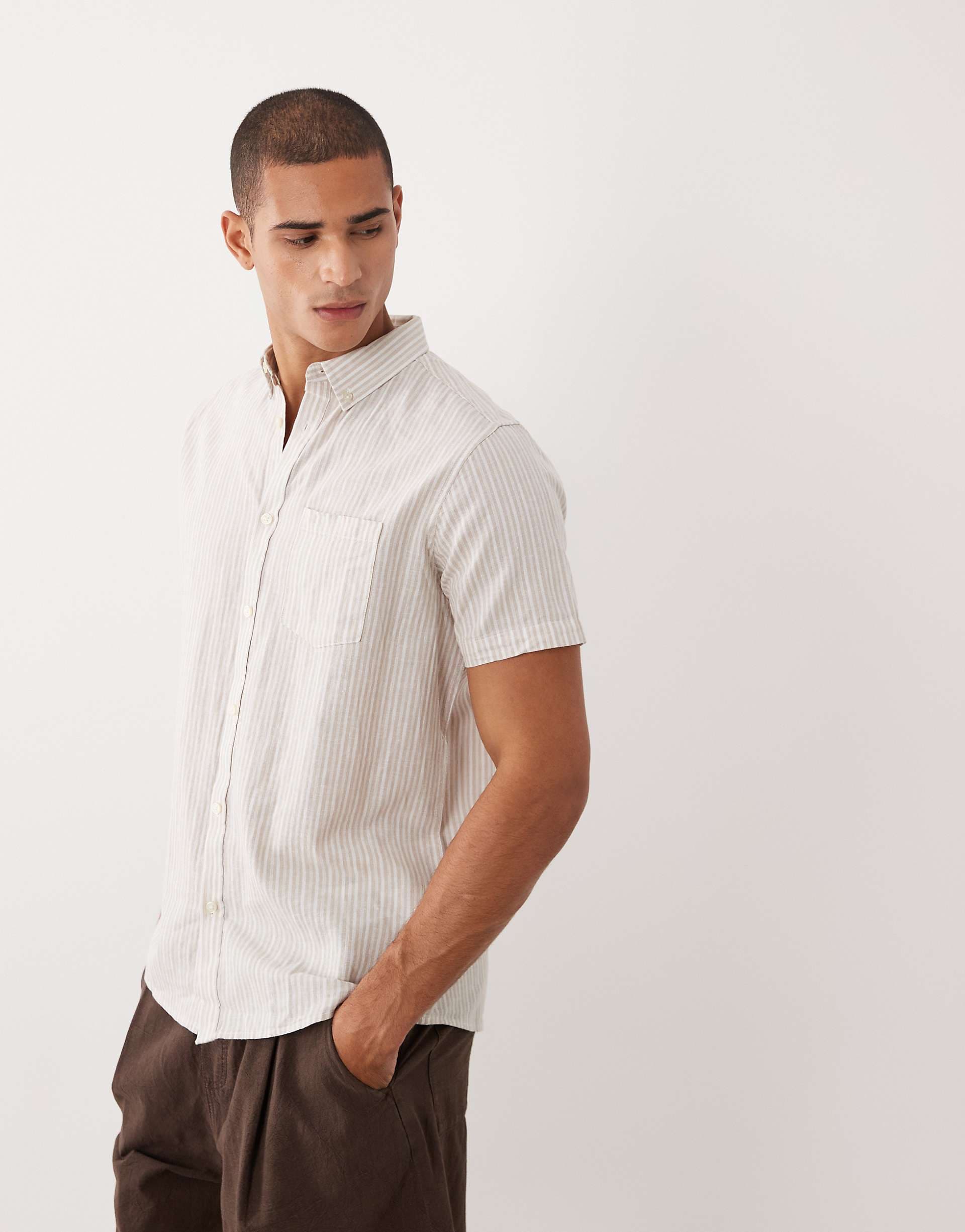 Threadbare short sleeve striped shirt in white and stone