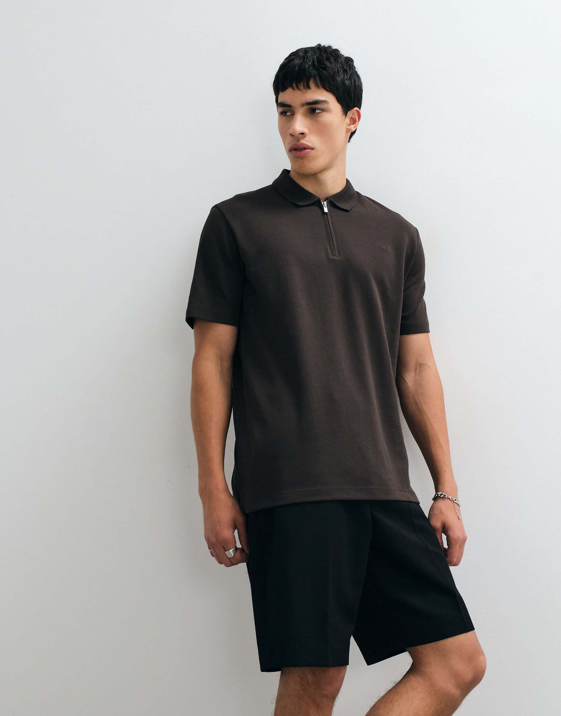 Jack & Jones short sleeve zip polo in brown