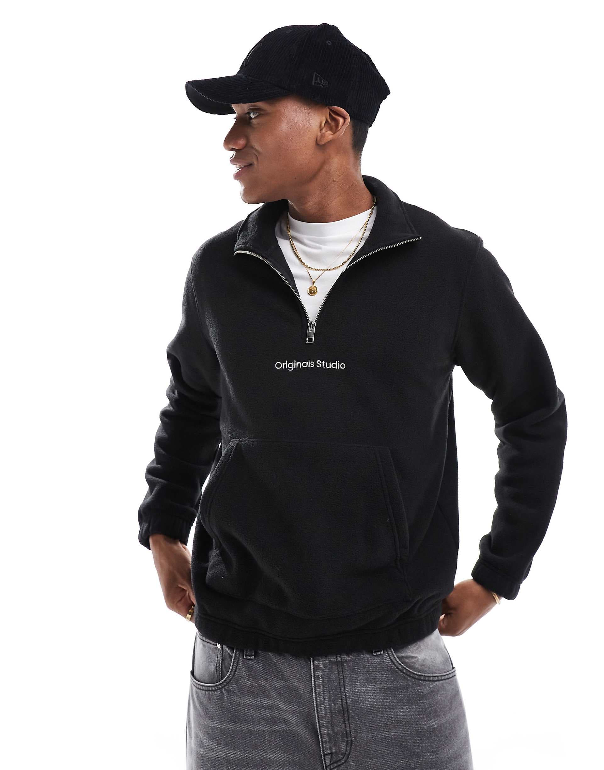 Jack & Jones half zip fleece with Originals logo in black