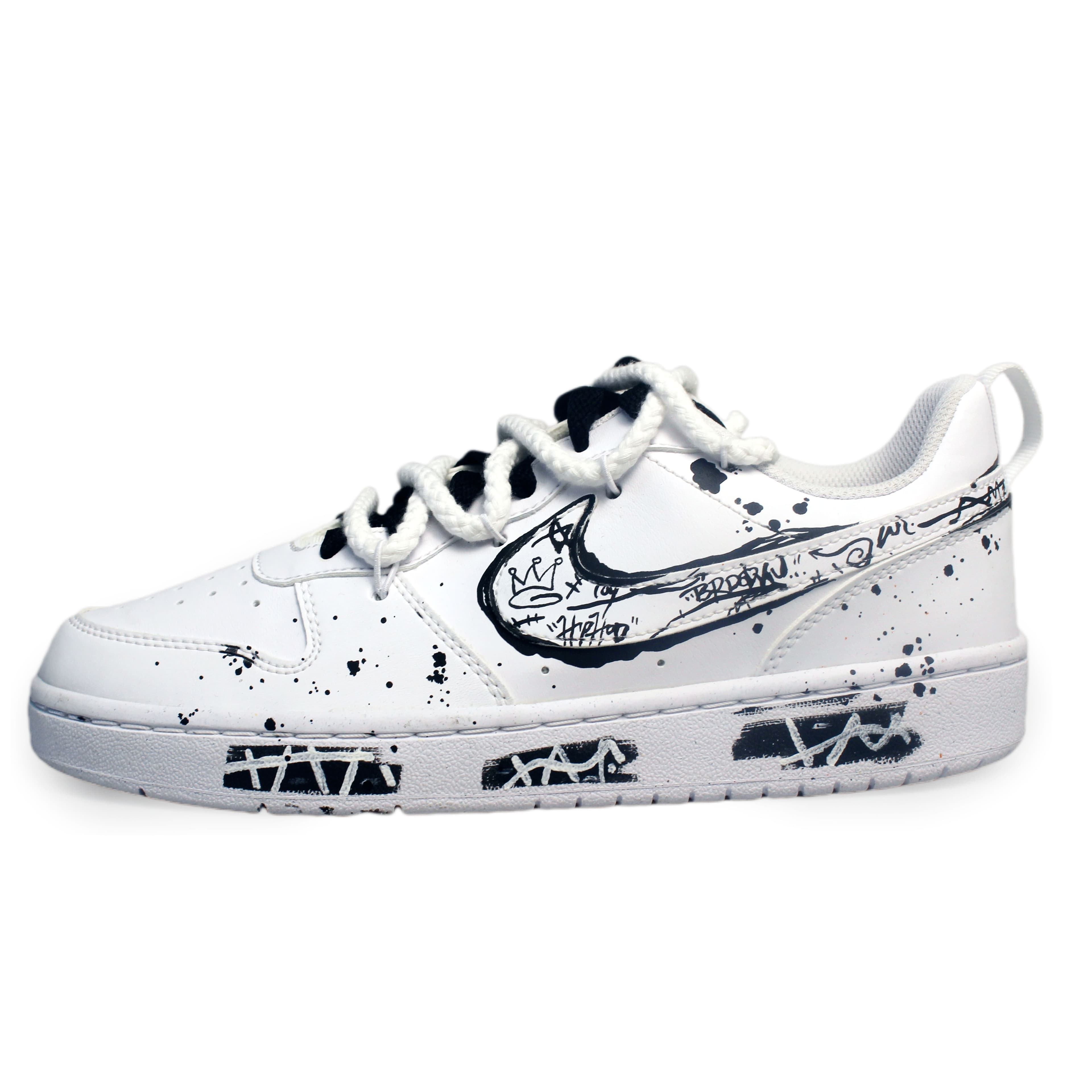 Nike Court Borough Graffiti Kingdom Slip-Resistant Cushioning Low-Top Skateboard Shoes GS Black White