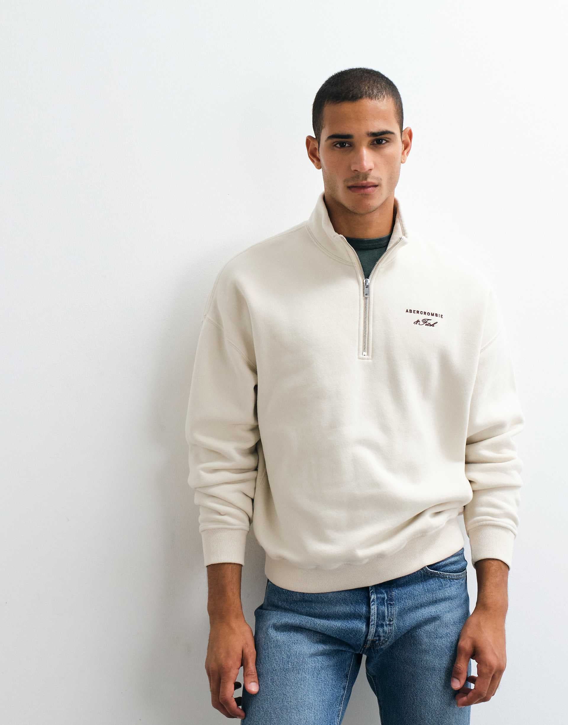 Abercrombie & Fitch script logo oversized 1/4 zip sweatshirt in cream