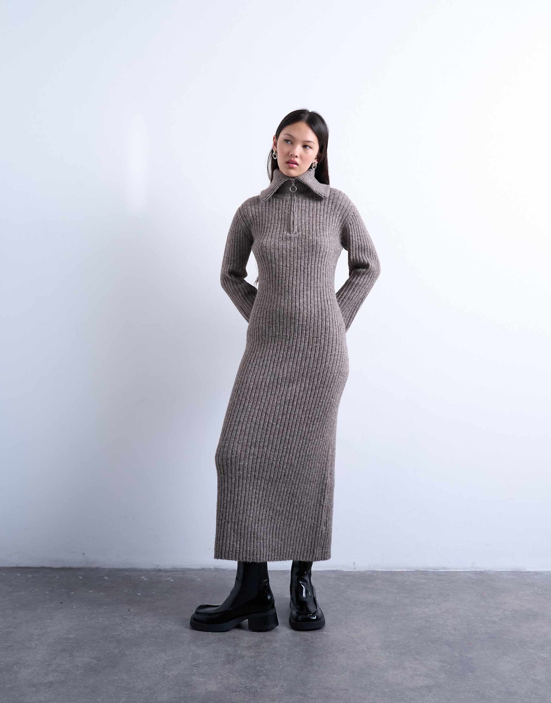Topshop knit ring zip midaxi dress in brown