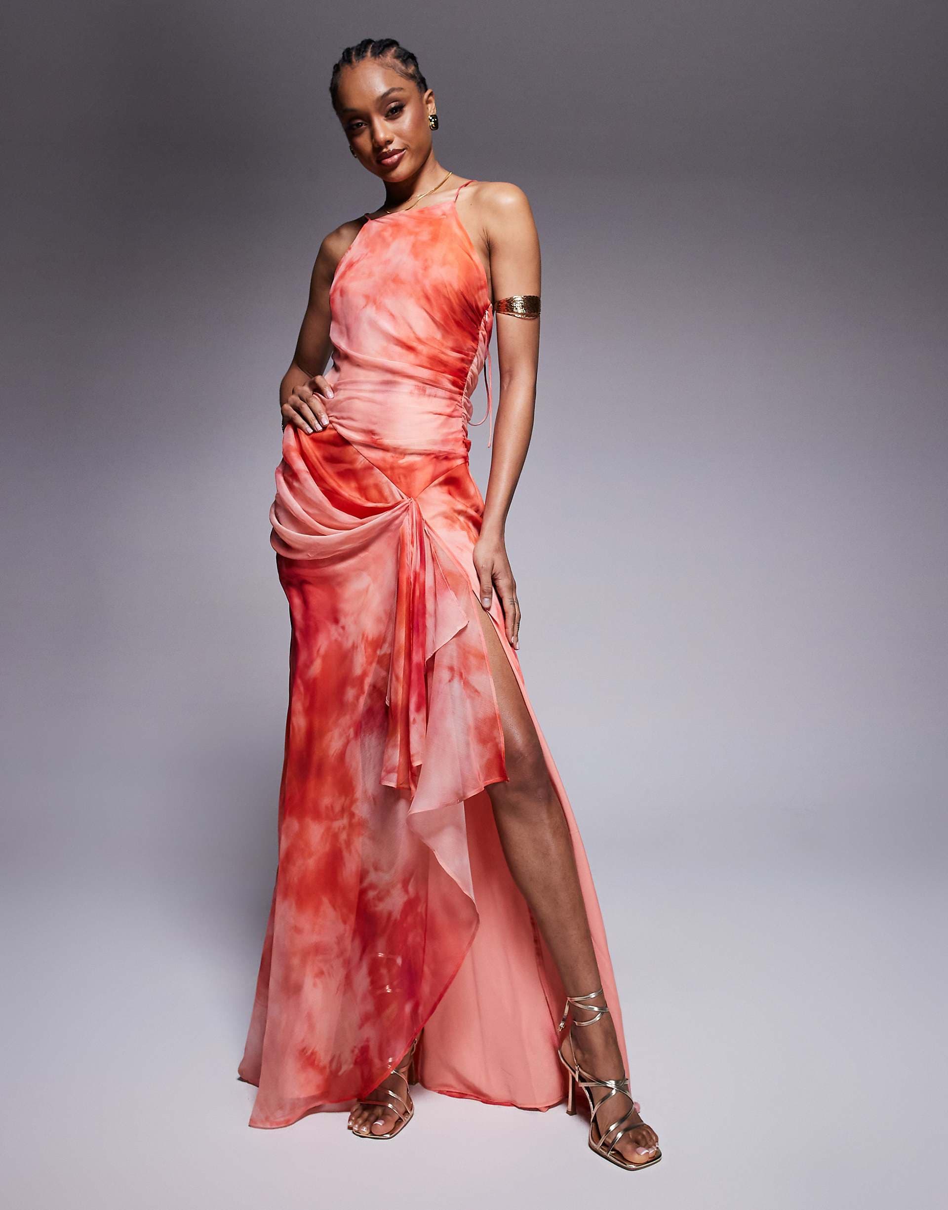 ASOS DESIGN Tall racer neck strappy maxi dress with draped skirt in blurred print