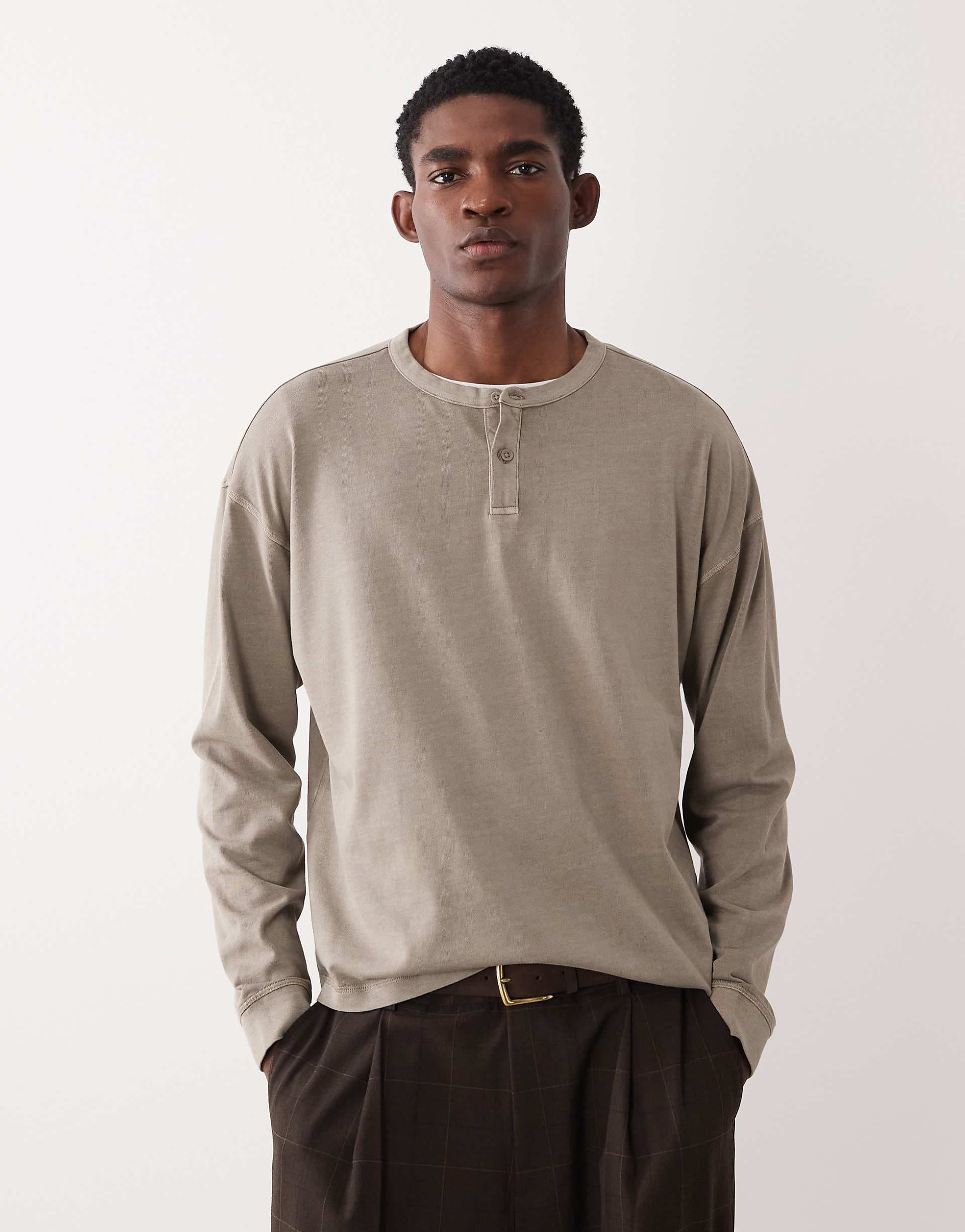 ASOS DESIGN heavyweight oversized boxy long sleeve T-shirt in washed stone