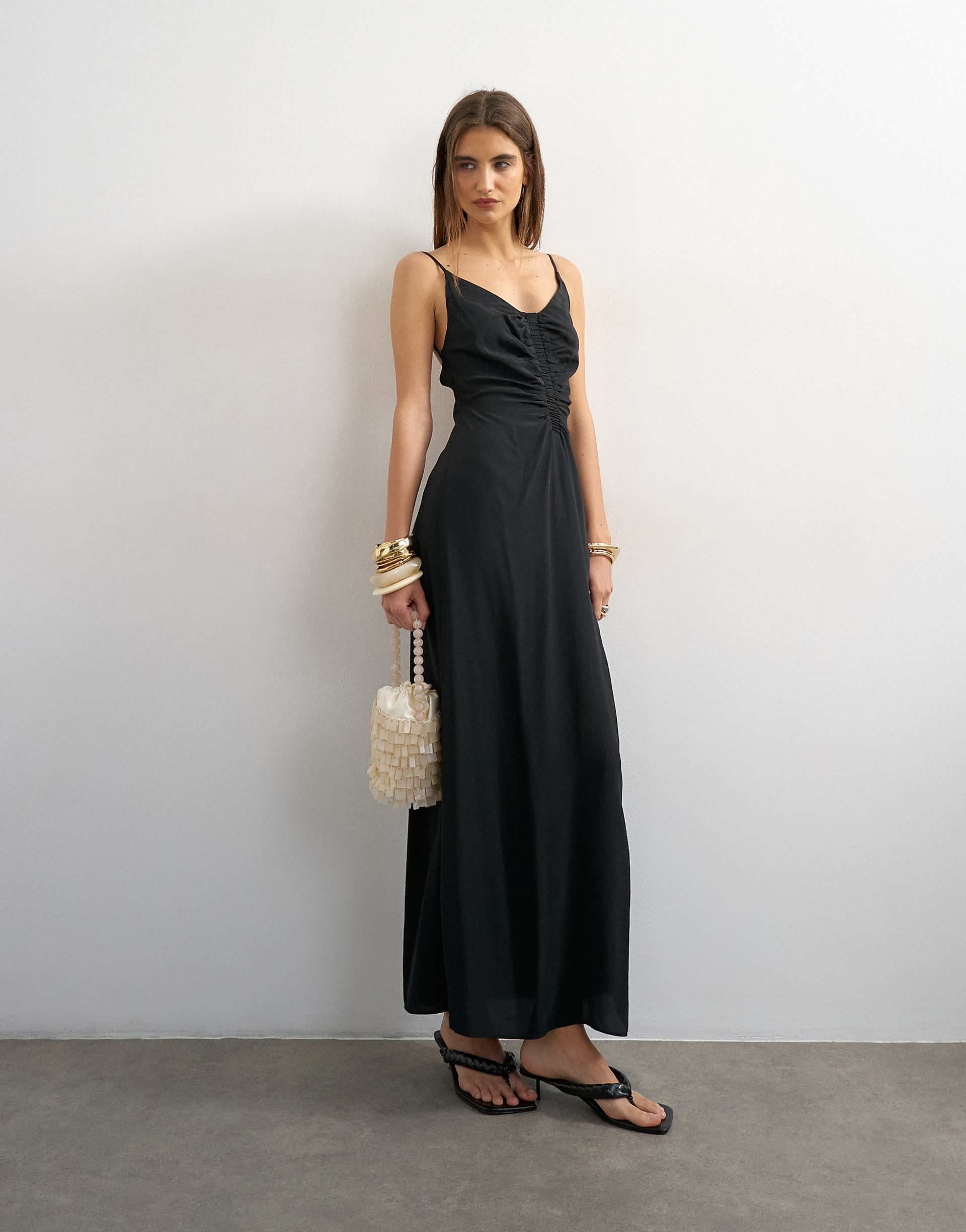 Topshop ruched front cami maxi dress in black