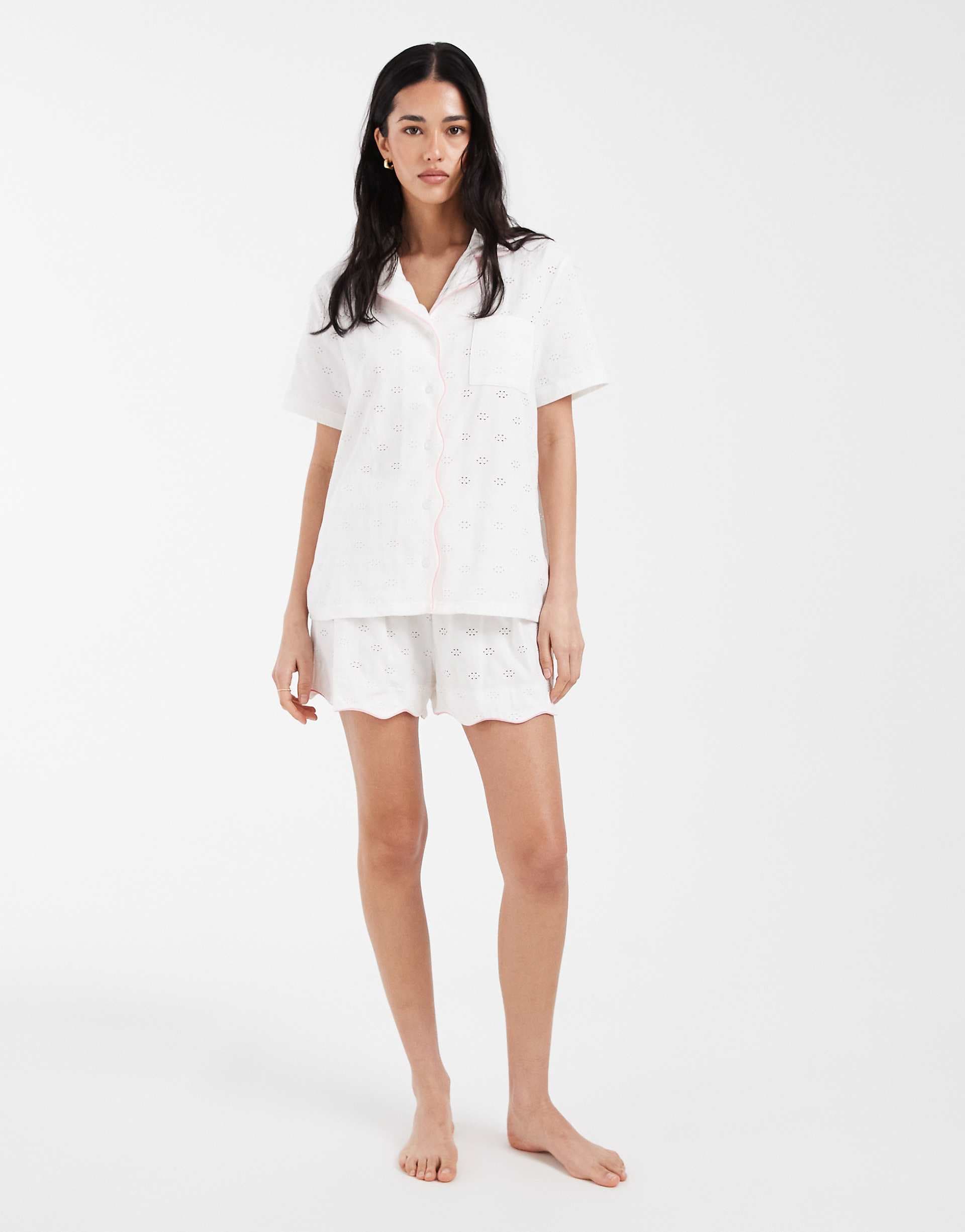 Loungeable jersey broderie camp collar top and shorts pajama set in white