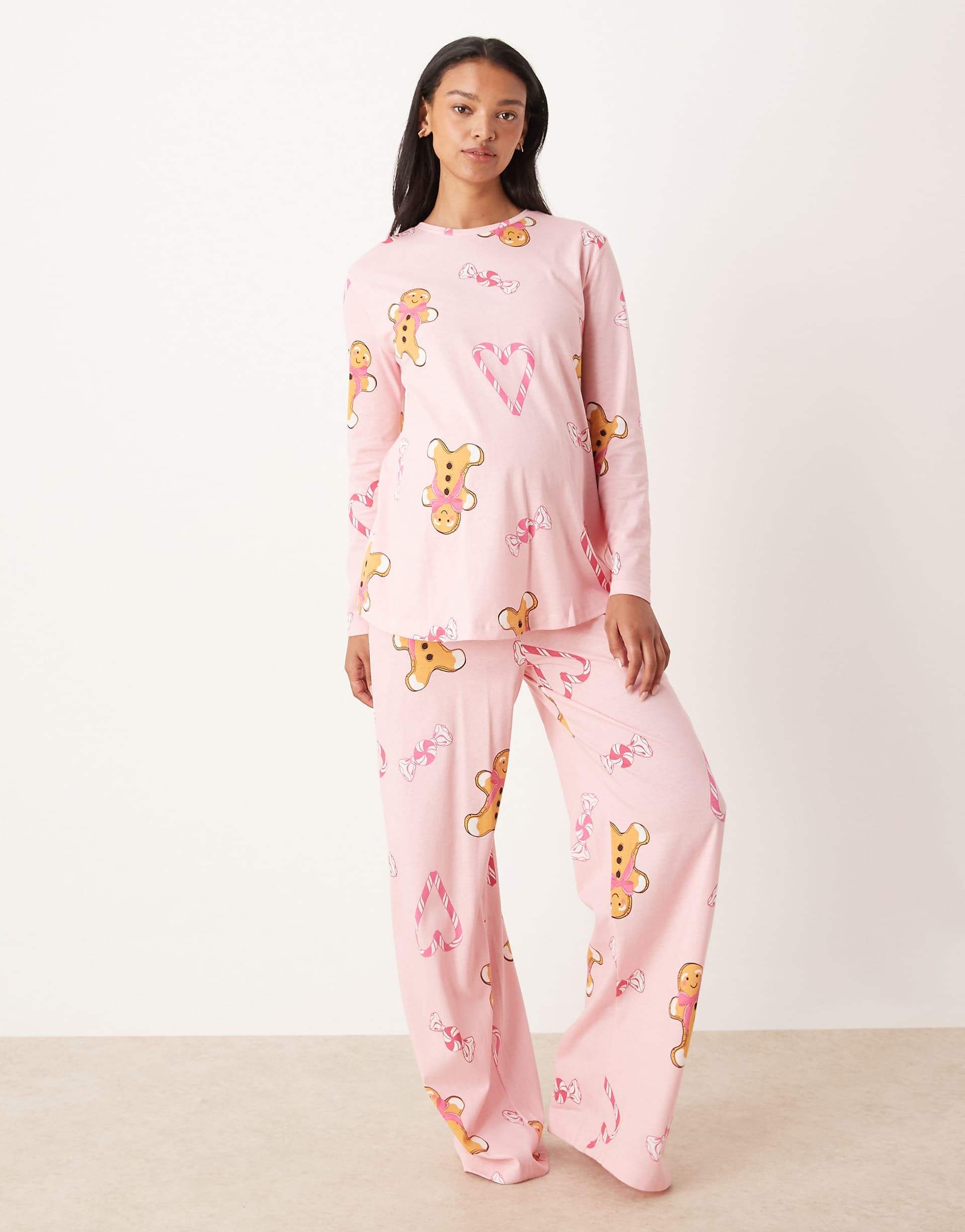 ASOS DESIGN Maternity gingerbread & candy cane long sleeve top & pants pajama set in pink heather