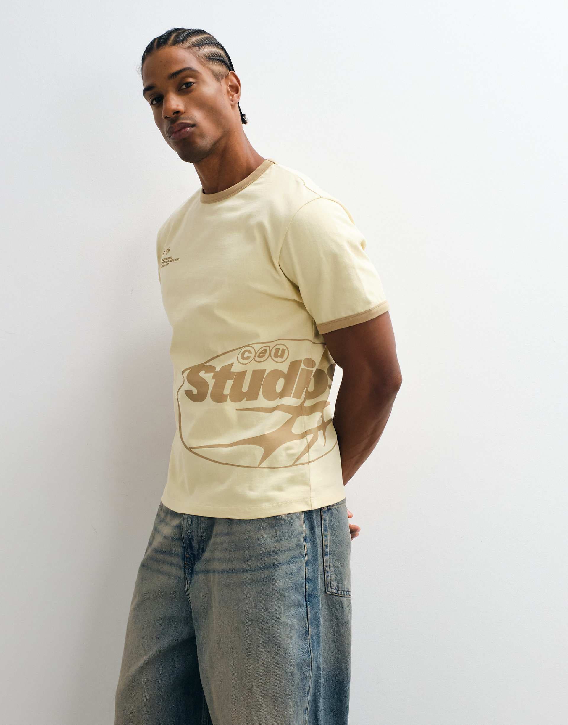 ASOS DESIGN heavyweight boxy regular fit ringer T-shirt with studio print in yellow