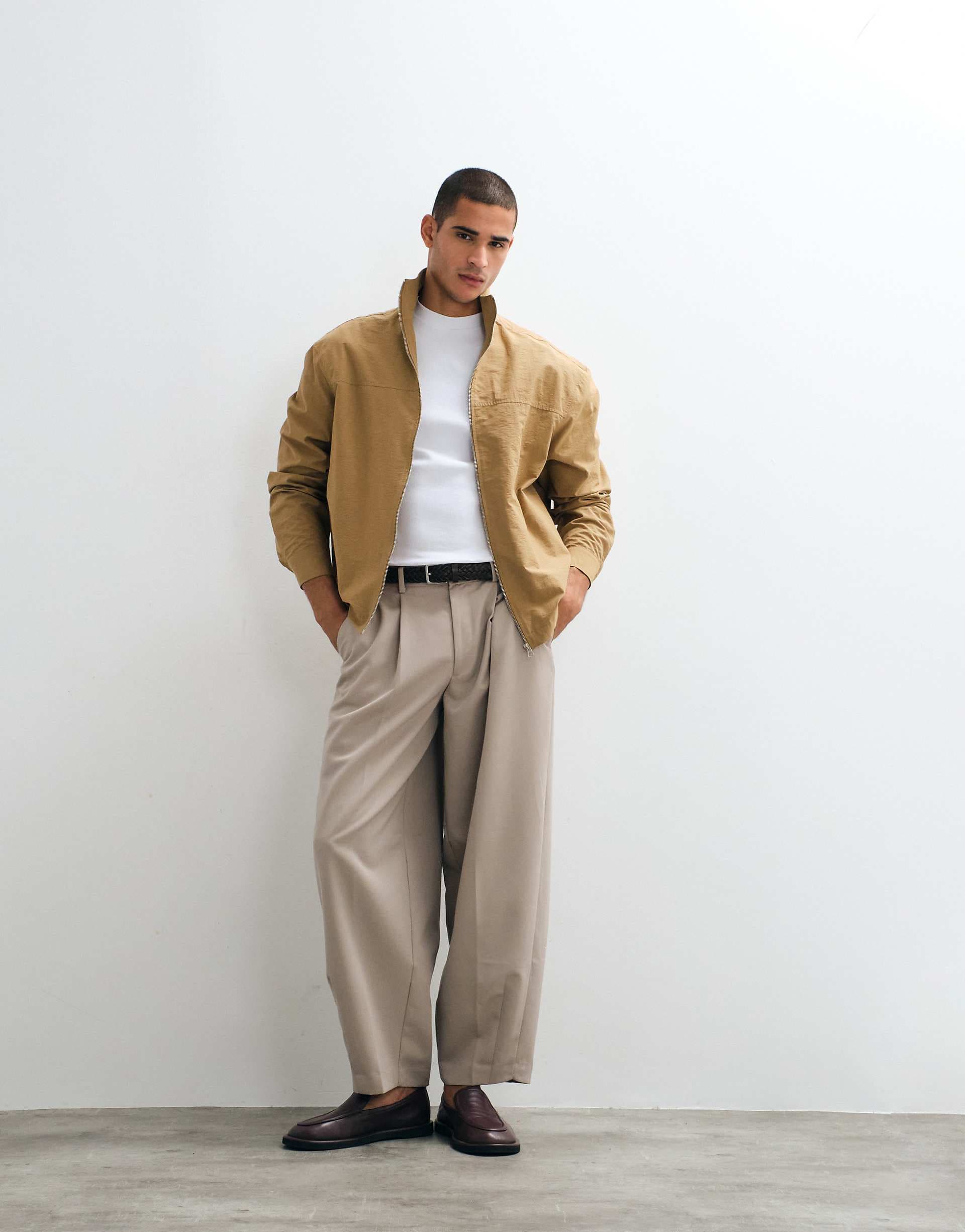 ASOS DESIGN tailored pleated barrel leg pants in stone