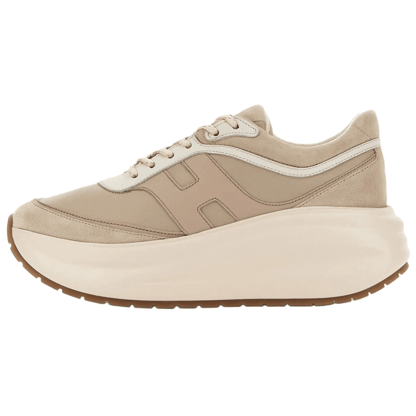 HOGAN H696 Leather Suede Napa Leather Big H Letter Round Toe Lace-Up Low-Top Casual Shoes Women's Light Brown