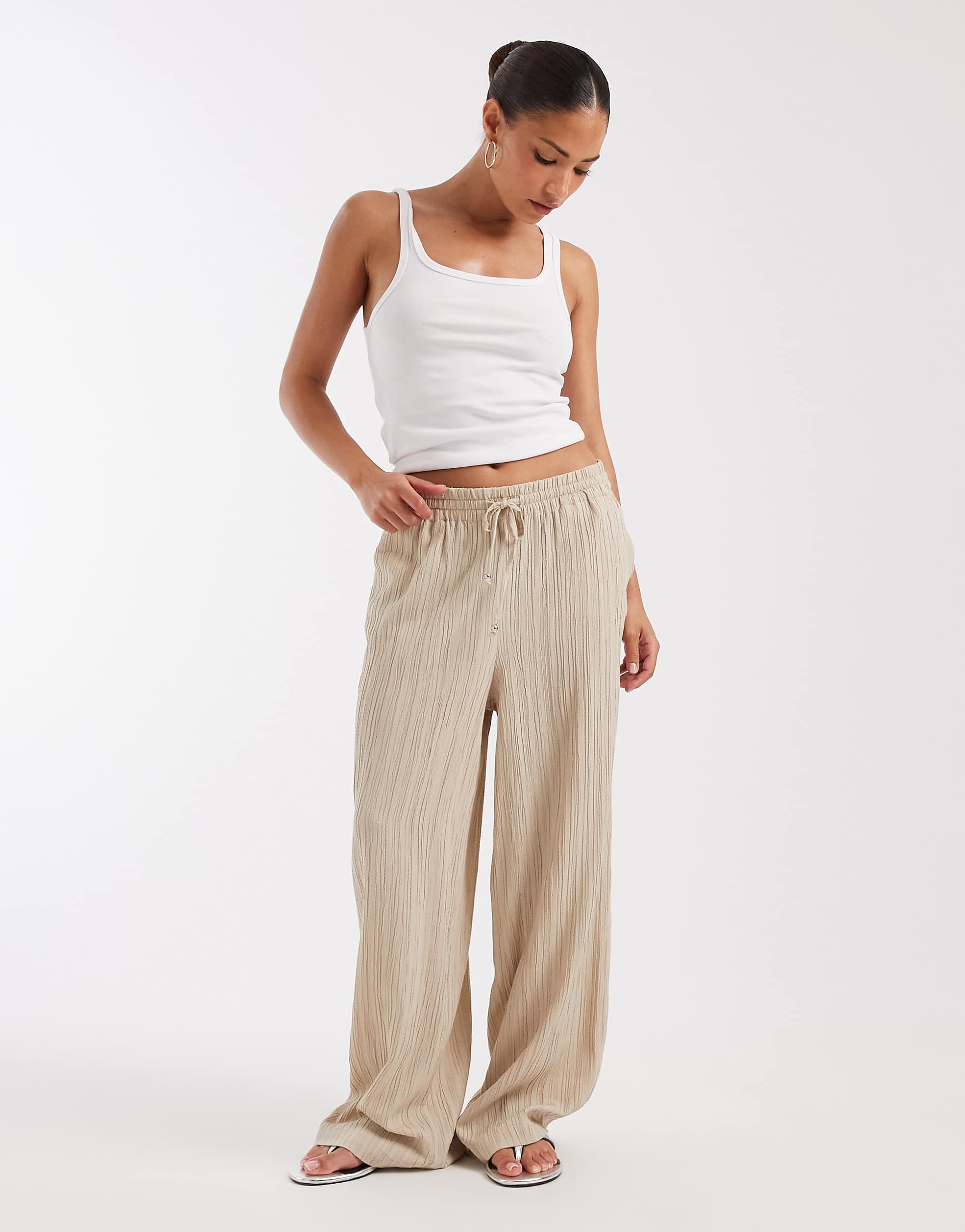 ONLY Petite wide leg crinkle textured pants in stone