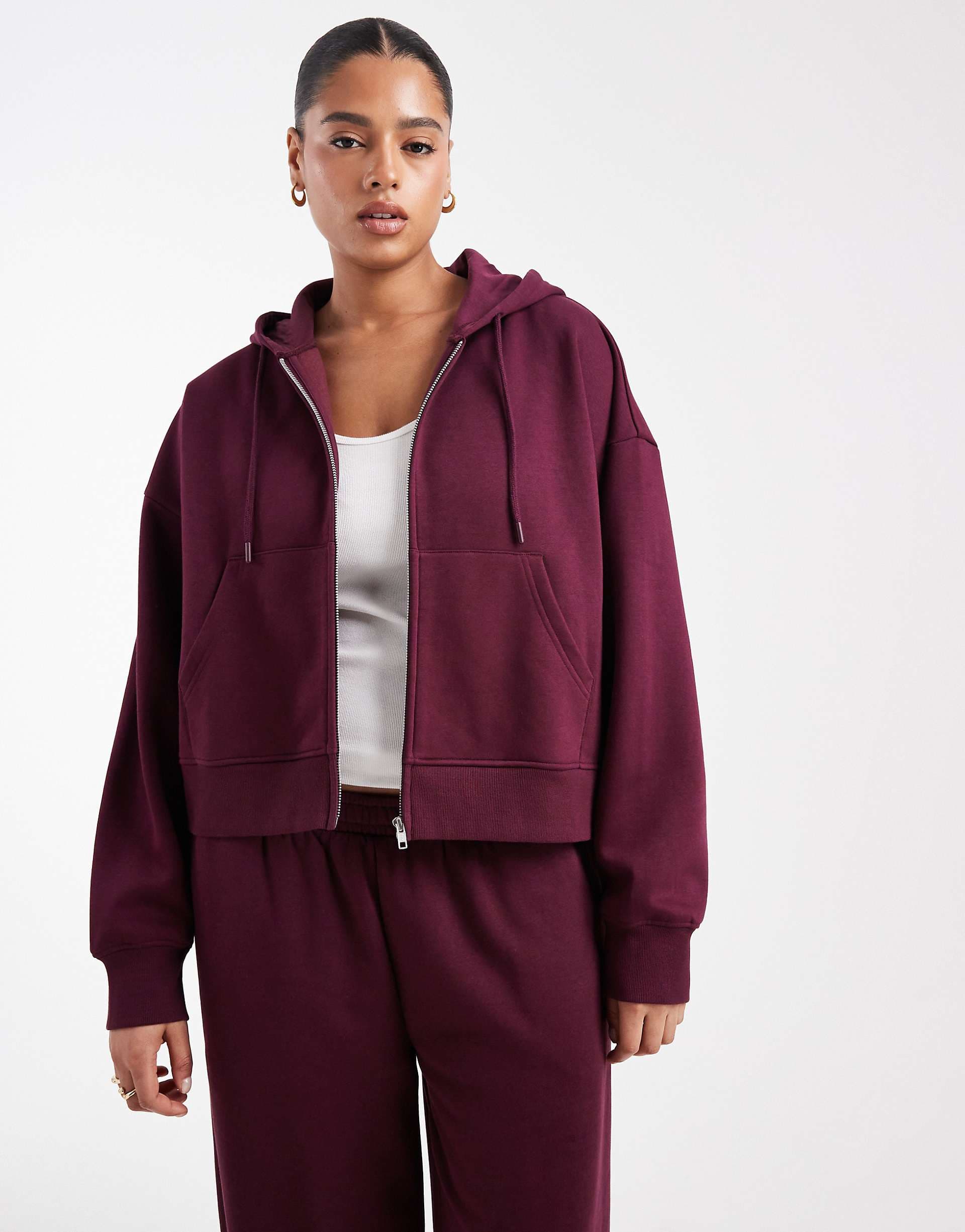 ASOS DESIGN Curve cropped zip up brushback hoodie in plum